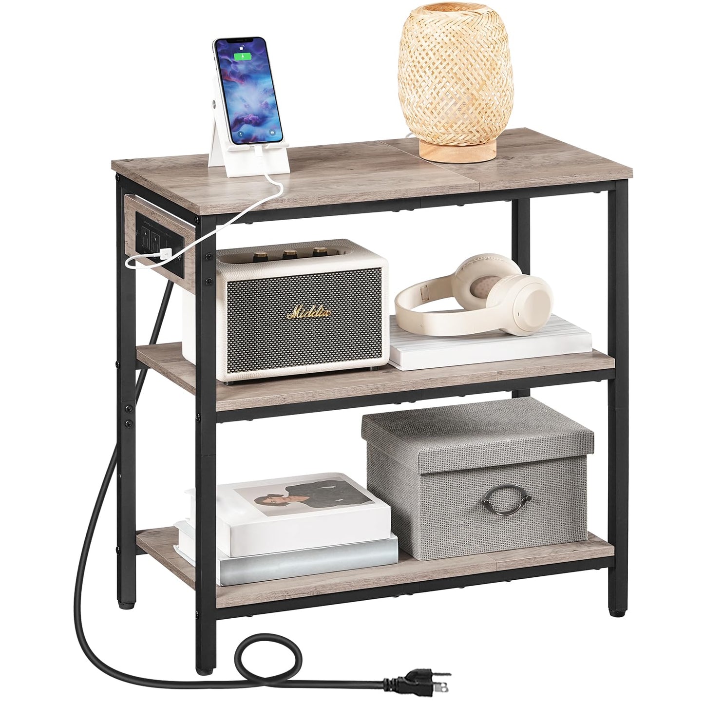 HOOBRO End Table with Charging Station, Side Table with 3 Tier Storage Shelf, Narrow Nightstand for Small Spaces, for Living Room, Bedroom, Easy Assembly, Greige and Black BG149UBZ01