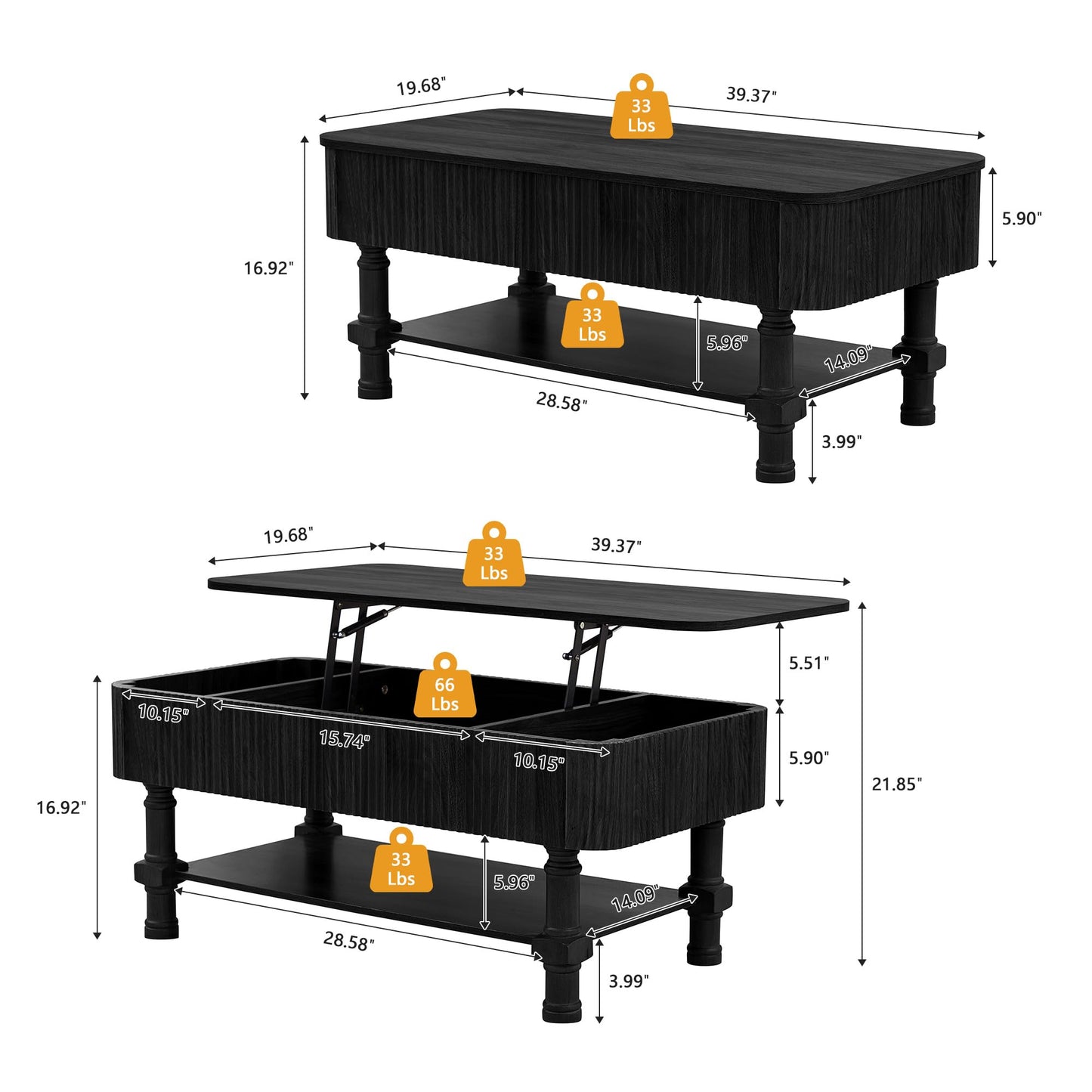 39”Large Lift Top Coffee Table with Hidden Storage Compartment,Fluted Coffee Tables Fully Assembled Wooden Center Table,Mid Century Modern Lift Tabletop Dining Table for Living Room Home Office,Black