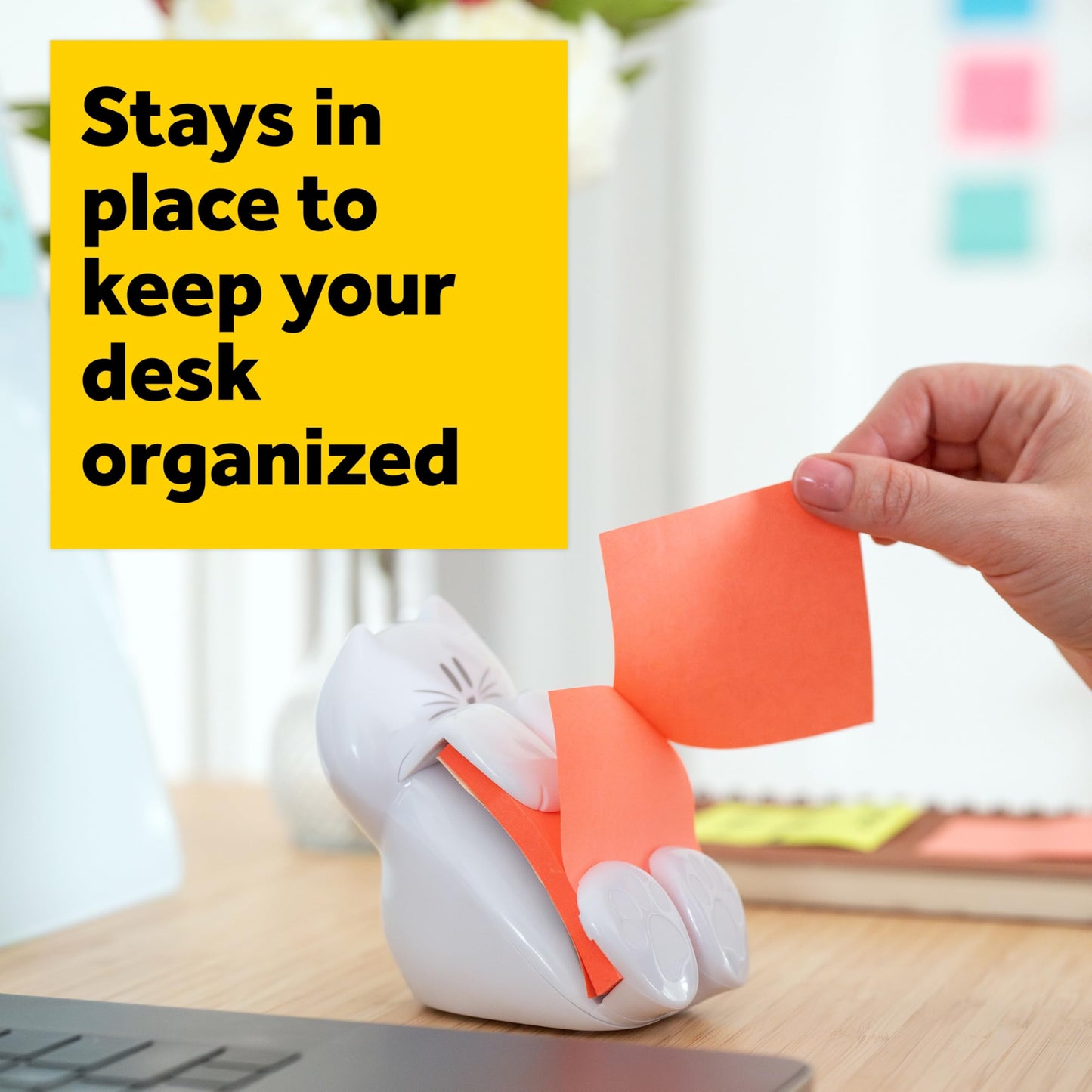 Post-it Dispenser, Sticky Note Holder, White Cat Design, Includes 45 Pop-Up Sheets of 3 in x 3 in Pink, Sticky Notes Holder for Desk, Classroom or Office Supplies