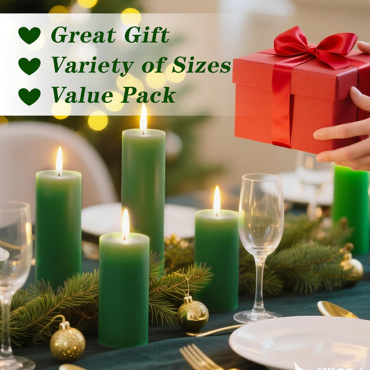 Veiuwa 36 Pcs Green Pillar Candles Bulk Set，Hurricane Candles，3 Different Lengths (12 Each)，Dripless Unscented Smokeless，Gives You a Better Atmosphere When Organizing Wedding or Event Party.