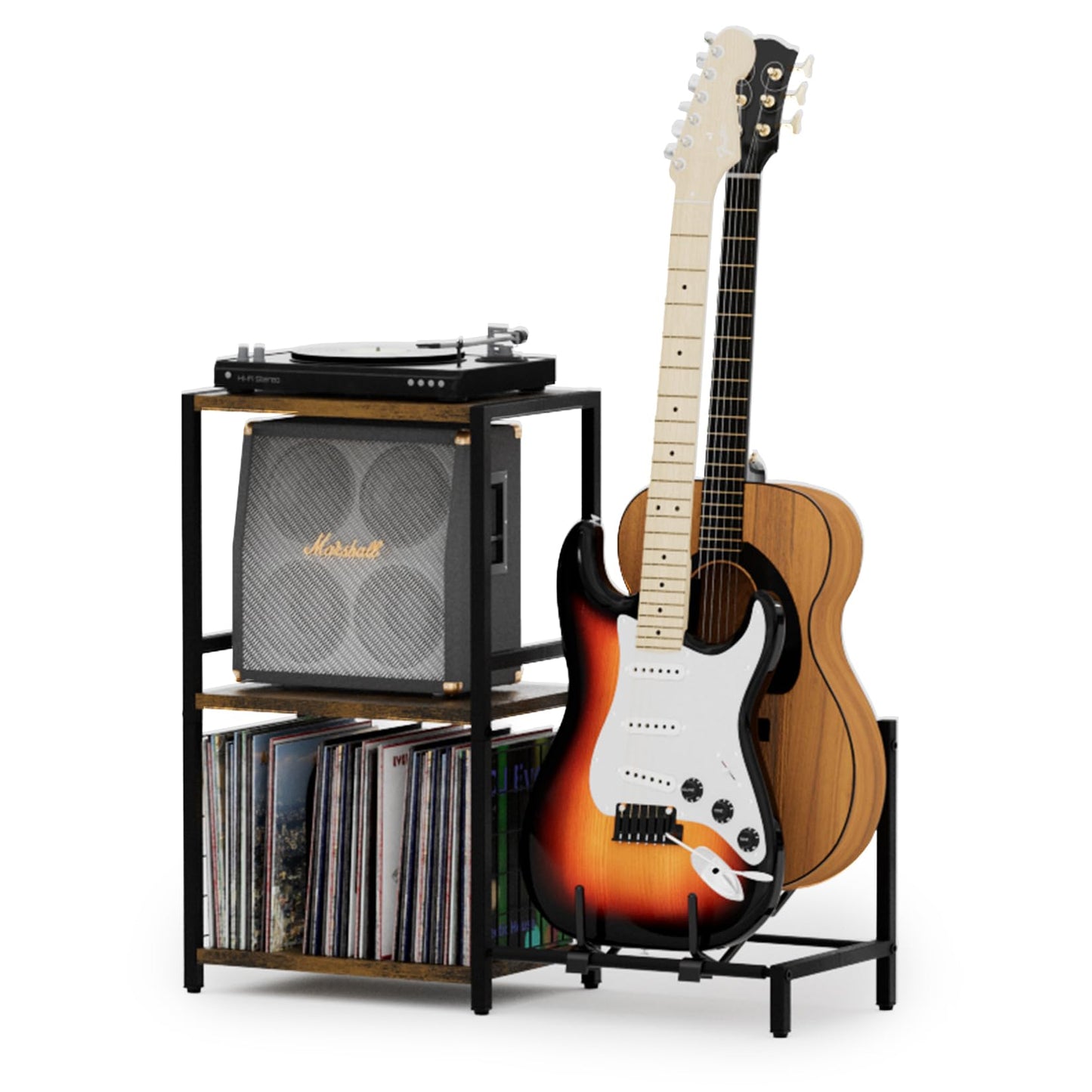 YAKANJ End Table with Guitar Stand,Record Player Stand,Vinyl Records Storage,2-Tier Guitar Stand for Acoustic,Turntable Stand for Music Studio-Brown
