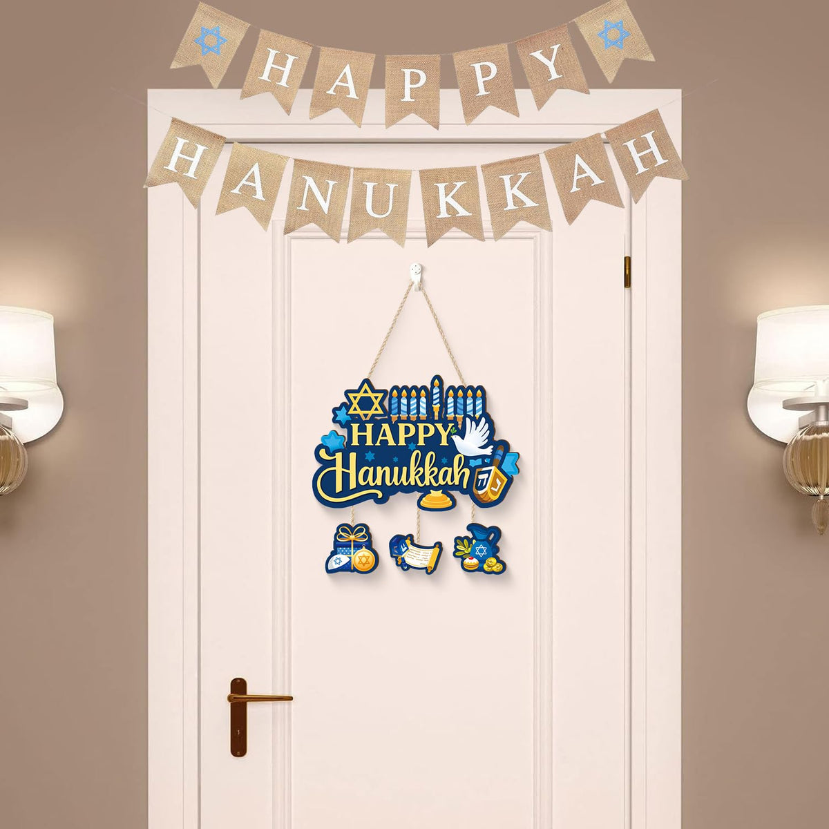 Aurlan Happy Hanukkah Door Sign,Hanukkah Wooden Wall Hanging,Jewish New Year Door Decor,Chanukah Wood Hanging,Chanukah Candlestick Wall Sign,Candle Pigeon Sufganiyot Decor for Porch Yard Home Room Office