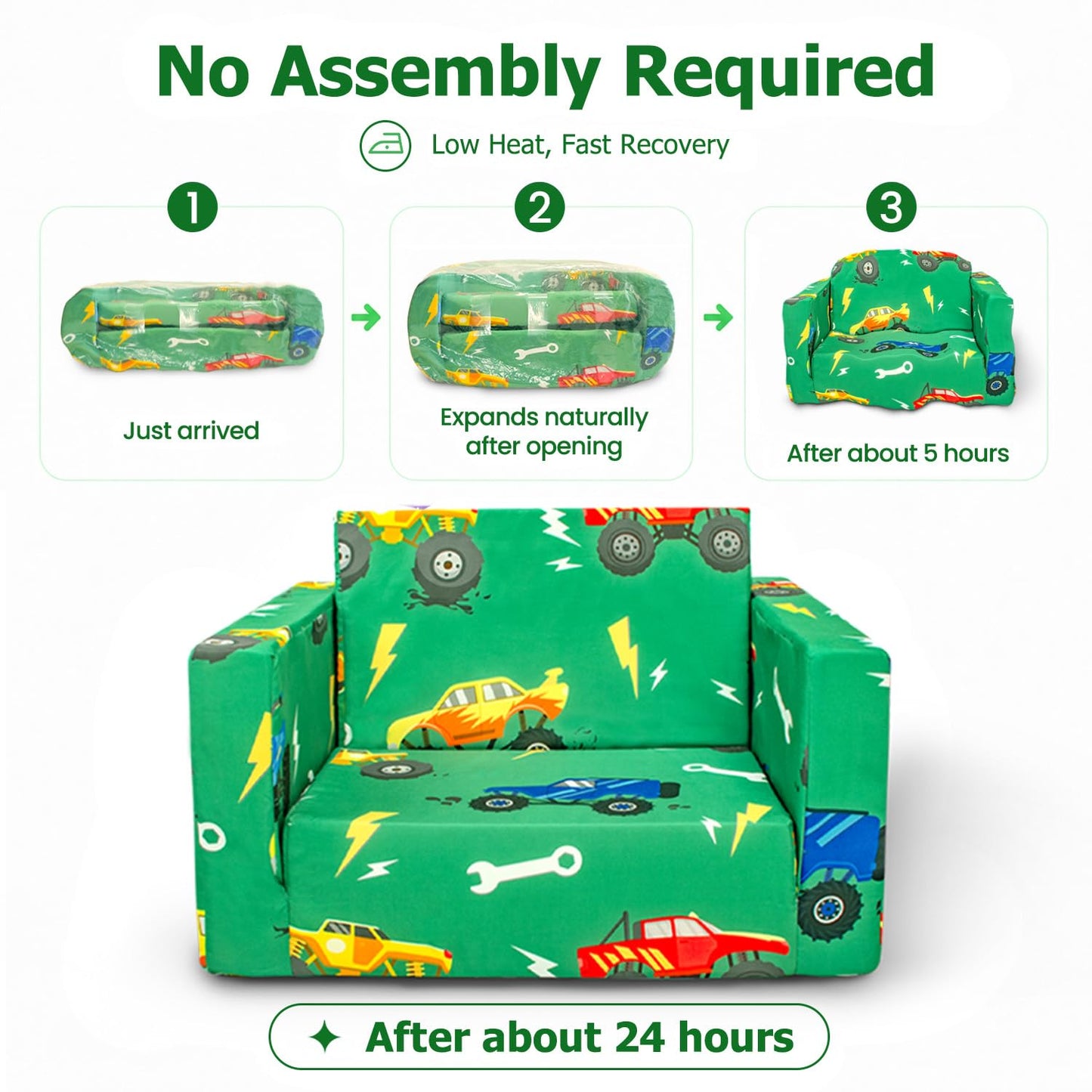 Beavtaens Kids Couch, 2-in-1 Kids Fold Out Sofa, Convertible Toddler Couch to Lounger for Girls and Boys, Soft Toddler Chairs Comfy 1-3 Years Old (Green Monster Truck)