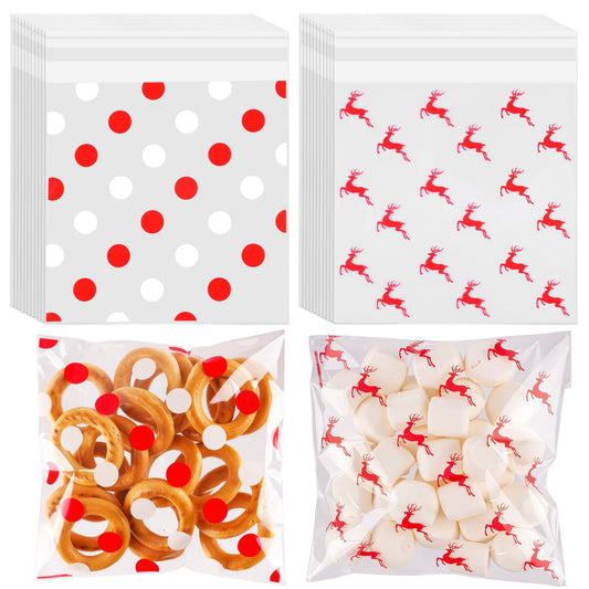 CUDICY Cellophane Cookie Bags 200pcs ChristmasTreat Bags 5.5x5.5 Self Sealing for Gift Giving Packaging Candy Goodie Holiday Bakery