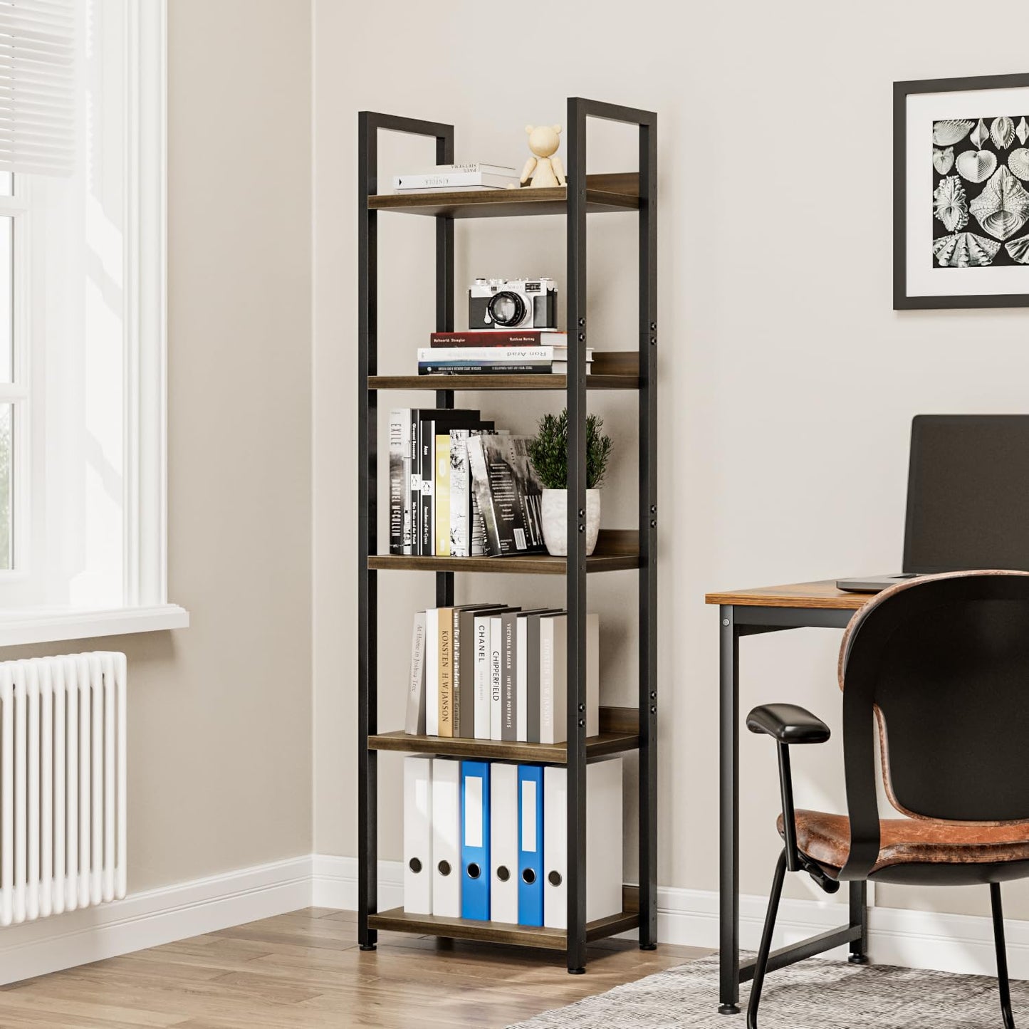 NUMENN Narrow Bookshelf, 5 Tier Bookshelves, Home Office Bookcase Shelf Storage Organizer, Free Standing Storage Shelving Unit for Bedroom, Living Room and Home Office, Dark Walnut