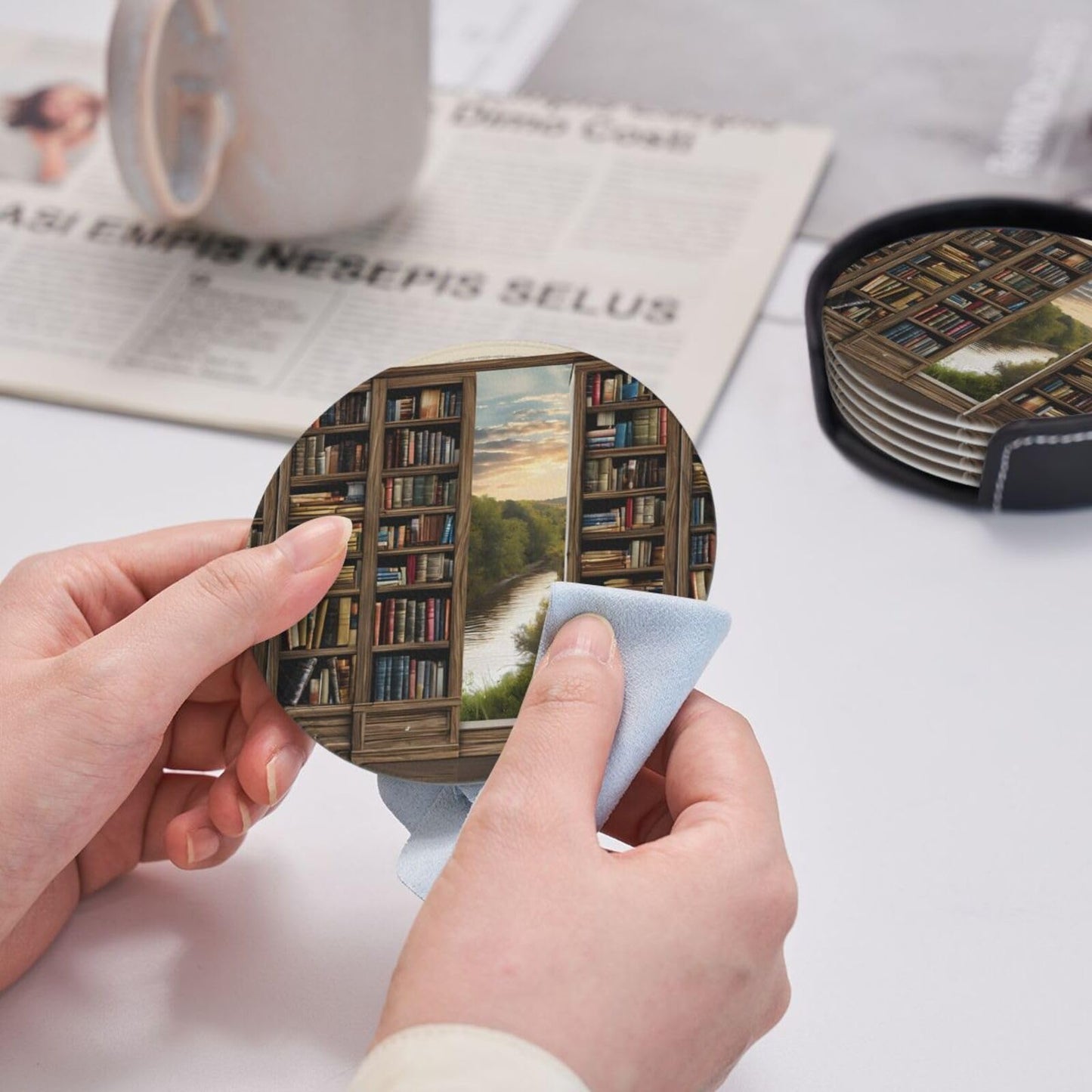 Set of 6 (Library Bookshelf Book Print) Printed Leather Coasters with Holder, Table Decor to Protect Furniture from Water Marks, Scratches and Damage, Wedding Favors and New Home Gift