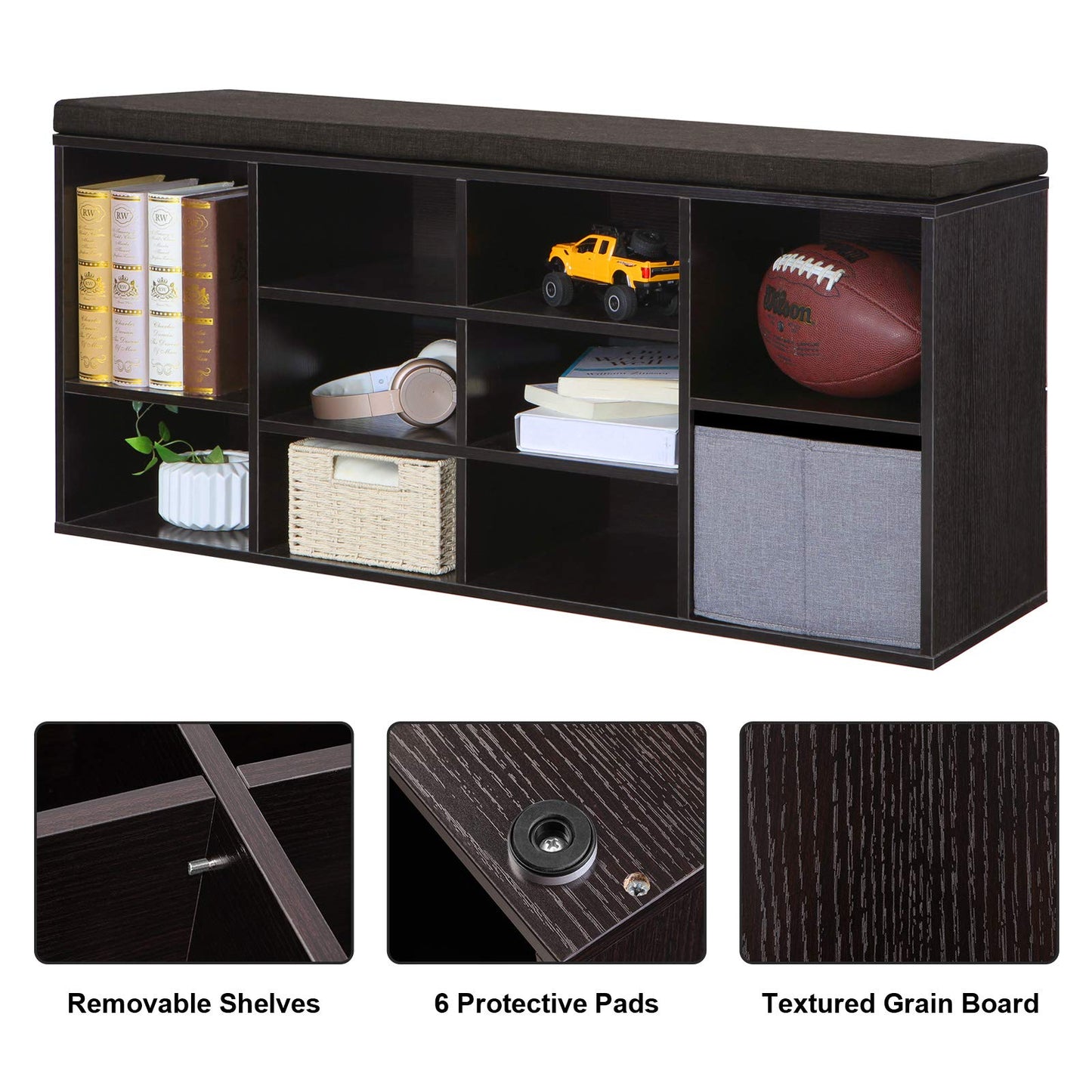 VASAGLE CUSTOS Collection - Shoe Bench, Storage Bench with Padded Seat, Entryway Bench with 10 Compartments, for Bedroom, 11.8 x 40.9 x 18.9 Inches, Espresso Brown and Chestnut Brown ULHS10BR