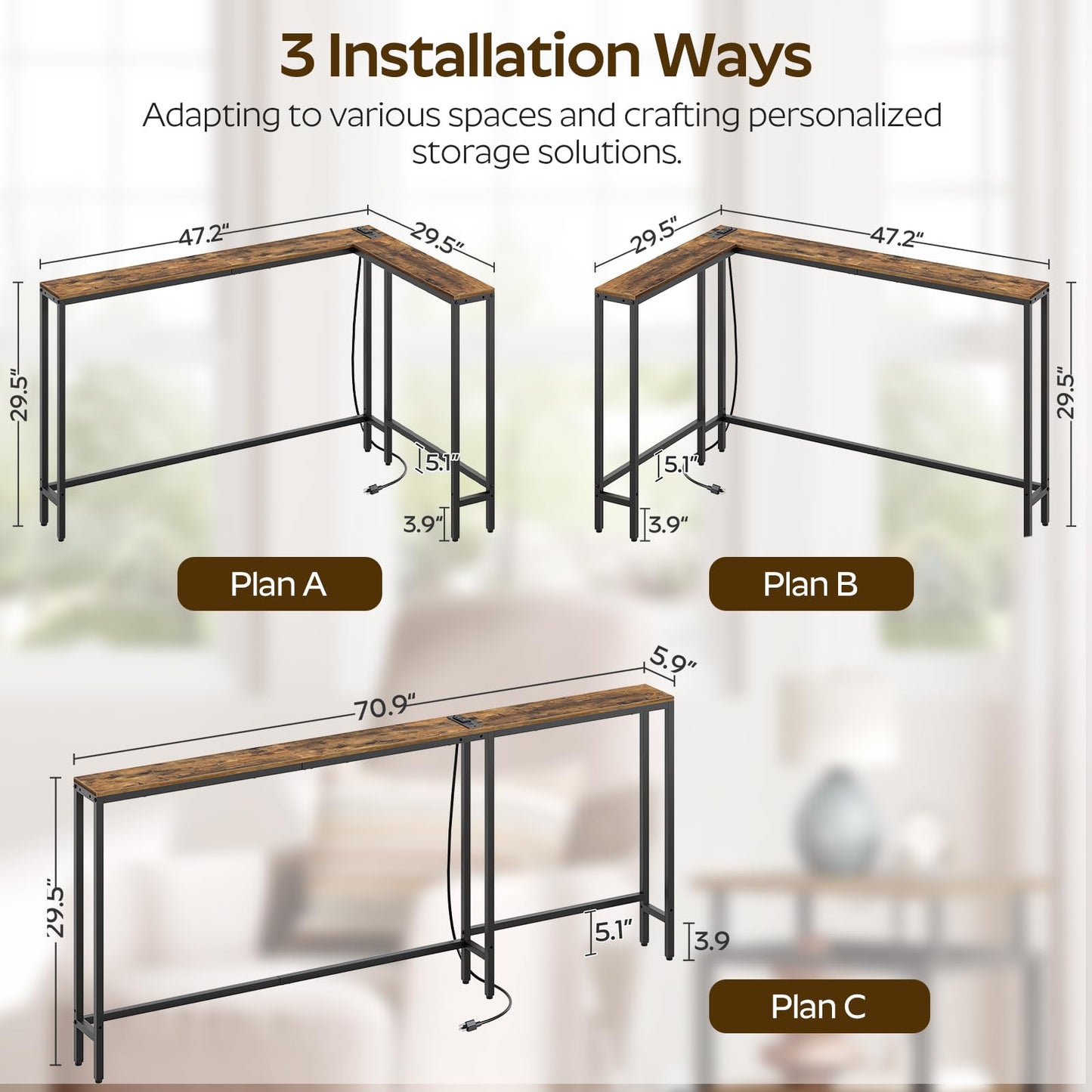 YATINEY Narrow Console Table with Outlets, 70.9" Sofa Table Narrow Long, L Shaped Behind Couch Entryway Table with Charging Station, for Living Room, Hallway, 3 Assembly Options, Rustic Brown CT07UBR