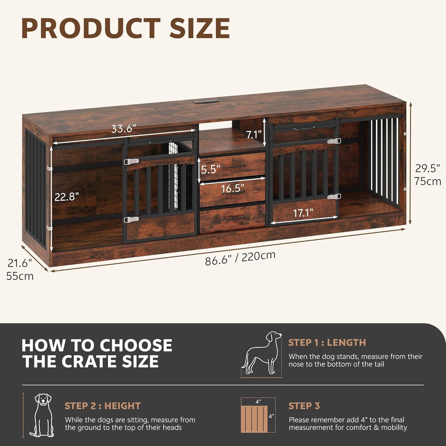 Homiflex Large Double Dog Crate Furniture with 3 Storage Drawers Farmhouse Dog Kennel TV Stand Indoor for 2 Large Medium Dogs Decorative Dog Cage with Sliding Barn Door & Power Outlets, 86.61"W, Brown