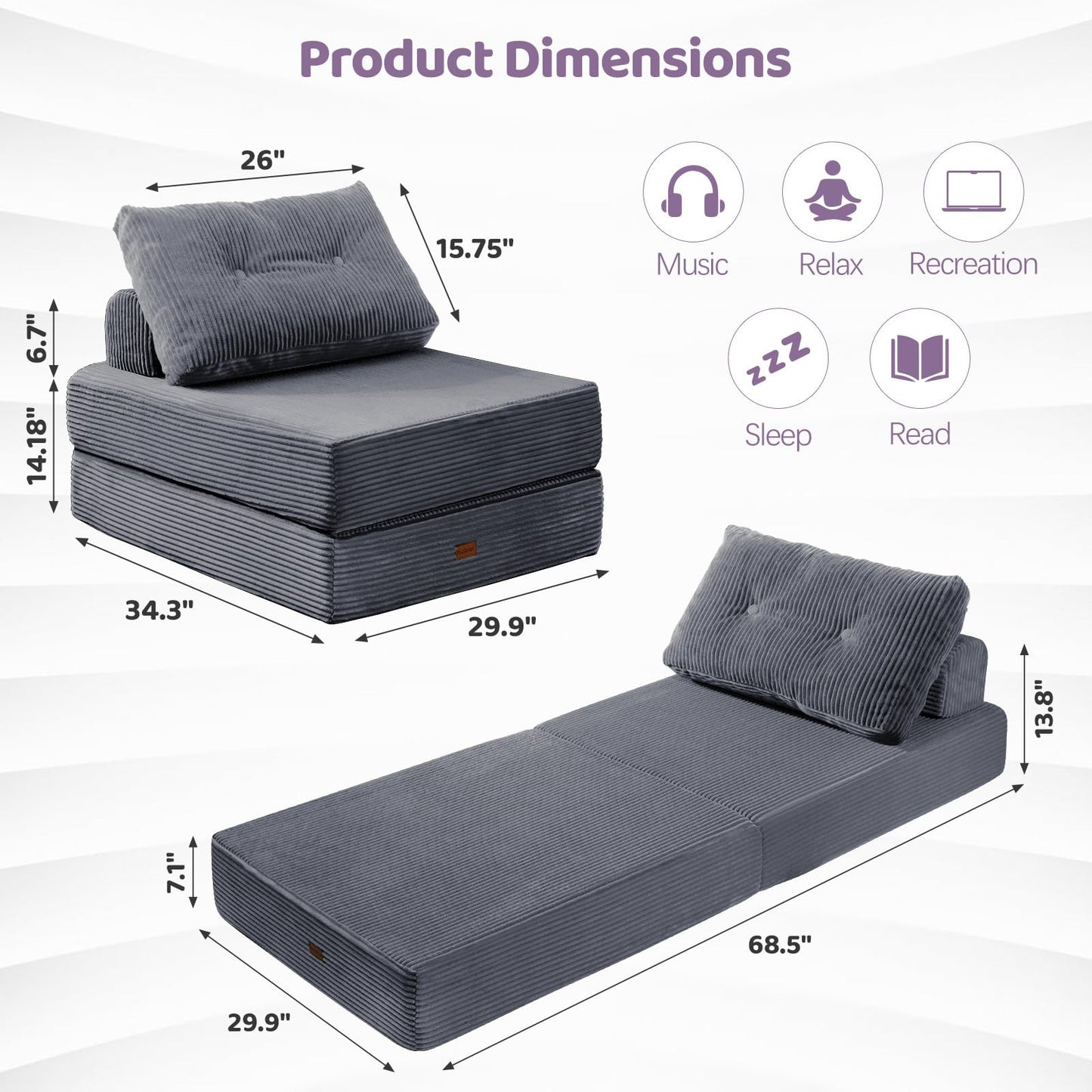 PIASHJOY Folding Chair Bed, Convertible Sofa Bed with Pillows,Fold Out Chair Bed with High-Density Foam,Chair Bed Sleeper for Adults Perfect for Living Room 、Hotel 、Apartment ， Single, Dark Gray