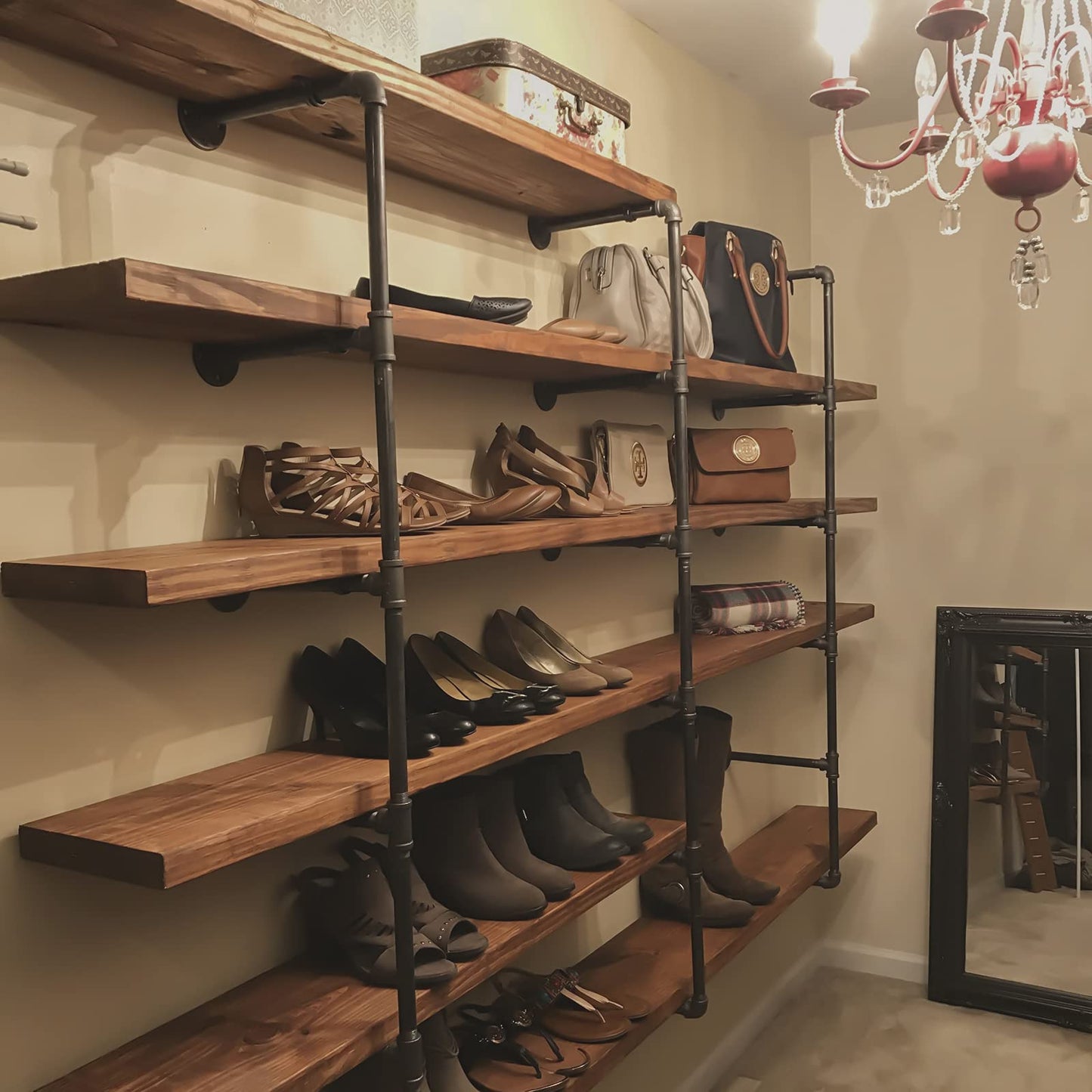 HITOMEN Industrial Iron Pipe Shelves, 2 Set 5-Tier, 55" Tall, 12" Depth, DIY Open Bookshelf Bookcase, Wall Mounted Vintage Retro Shelving, Rustic Farmhouse Pantry Kitchen Storage, Black Shelf Brackets