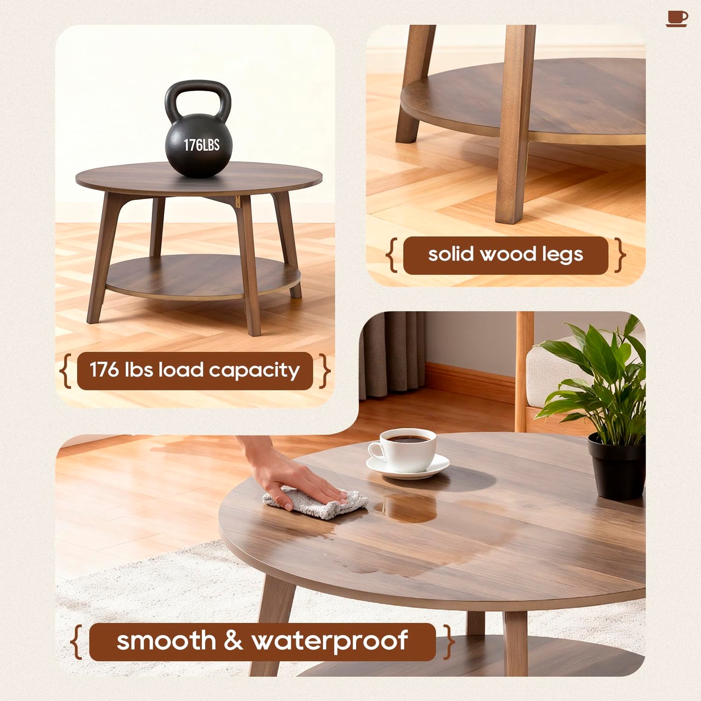 FDW Round Coffee Table with Storage 2-Tier Modern Wood Center Table for Living Room Bedroom or Office Small Space Circle Coffee Table with Sturdy MDF Top & Tapered Legs Easy Assembly,Brown