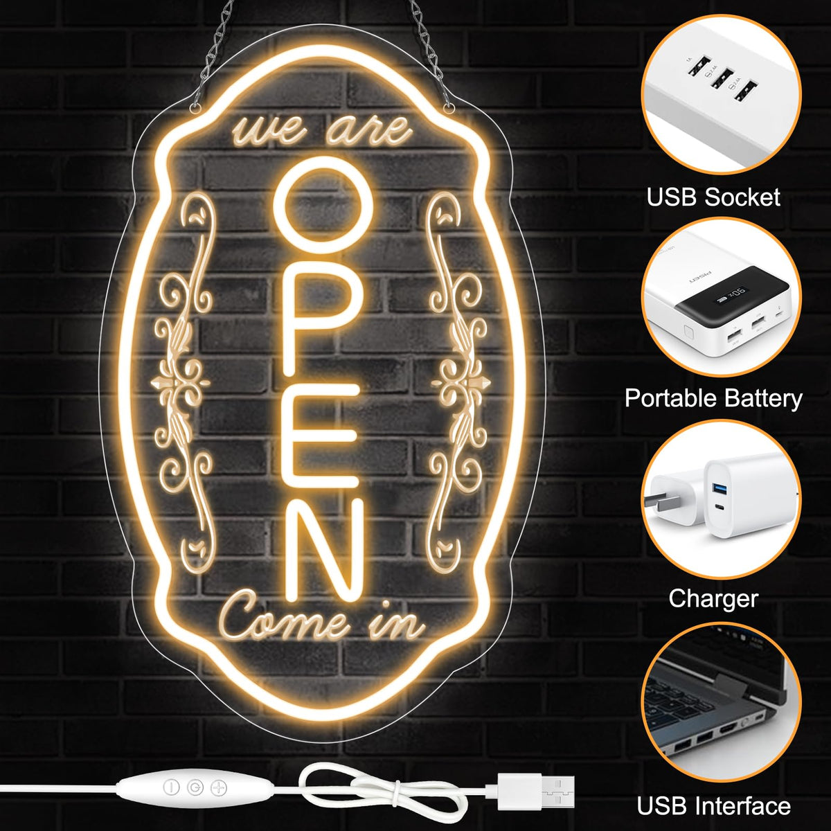 LED Neon Open Sign for Business, 16.5x10'' Come in We’re Open Sign, Warm White Adjustable Brightness Neon Lights for Party, Bar, Salon, Stores, Hotel, Wall Decor, Clubs, Hotels, Vertical