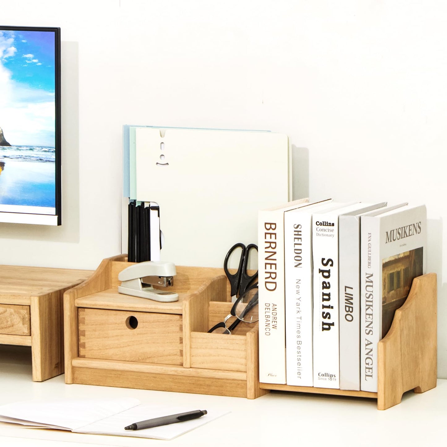 KIRIGEN Desktop Bookshelf Organizer with Drawer, Expandable Wood Desk Shelf, Fully Assembled Book Rack for Office Supplies, Files and Notebooks, Brown, 12.24 to 22.7 in Adjustable Width, SSSJ-S-NA