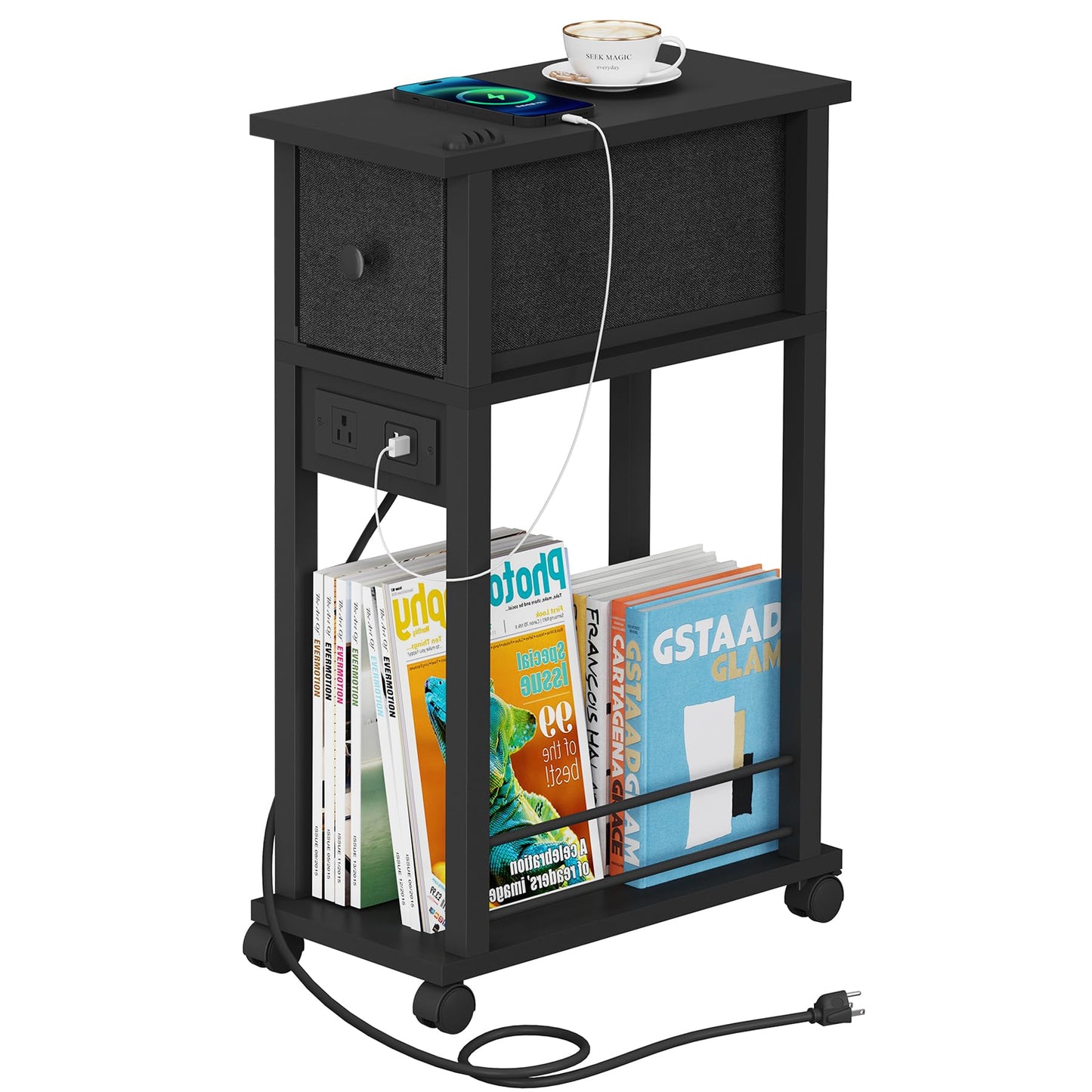 DGSANDGO Narrow Side Table (1PC) - Black End Table with Overload Protection, Charging Station Drawer & 4 Wheels, Mobile Storage Nightstand for Bedroom Studio Apartment (1 AC + 2 USB Ports)