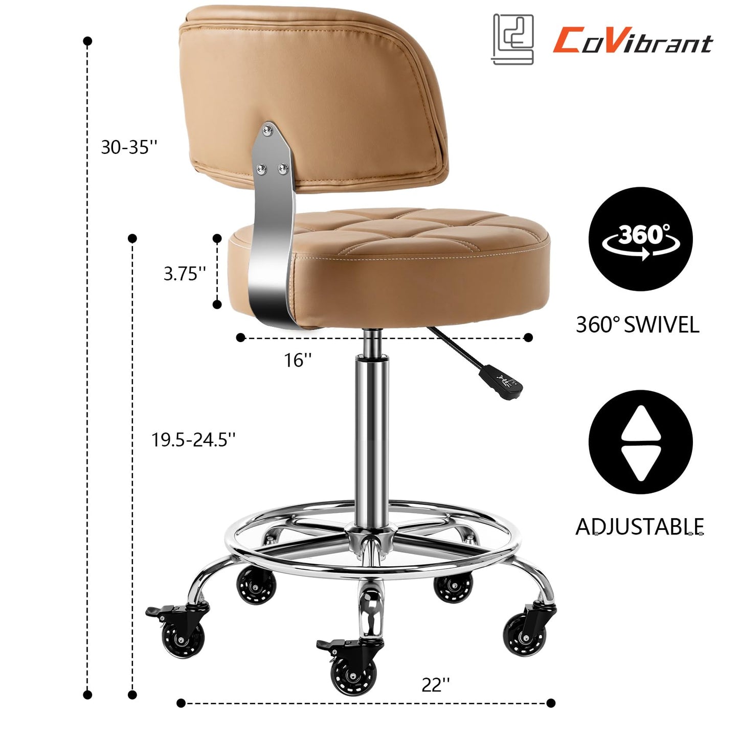 CoVibrant Lockable Stool with Back and Foot Rest Ergonomic Rolling Hydraulic Adjustable Stool for Doctor Esthetician Artist Home Small Office Desk (Camel, 19.5''-24.5'')
