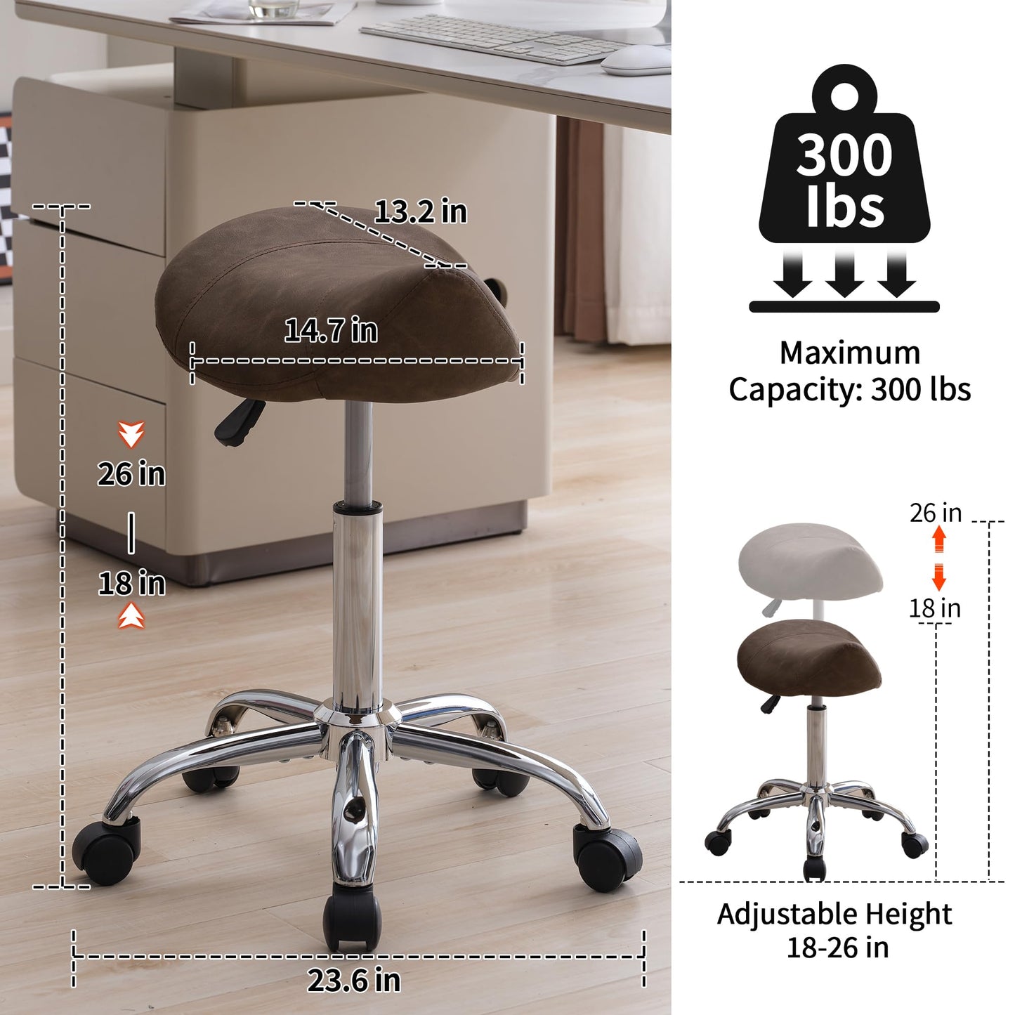 FIRAVOE Saddle Stool, Swivel Saddle Stool with Wheels, Adjustable Rolling Stool 18"-26", Faux Leather Rolling Stool for Salon, Massage, Clinic, Lab, Office (Tan, 1PCS (18"-26"))