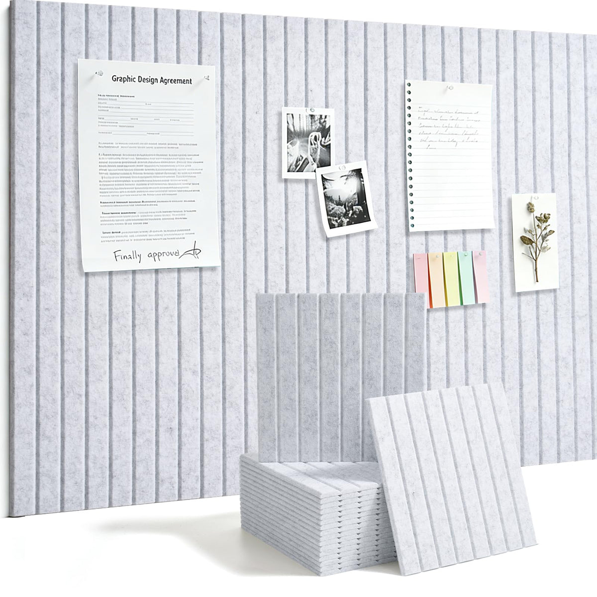 Slat Felt Wall Tiles (12 Pack) - 11.8"x11.8" Self-Adhesive Bulletin Board for Wall, Acoustic Panels for Sound Dampening, Modern Black Pin Board, Home Office Decor (30x30cm)