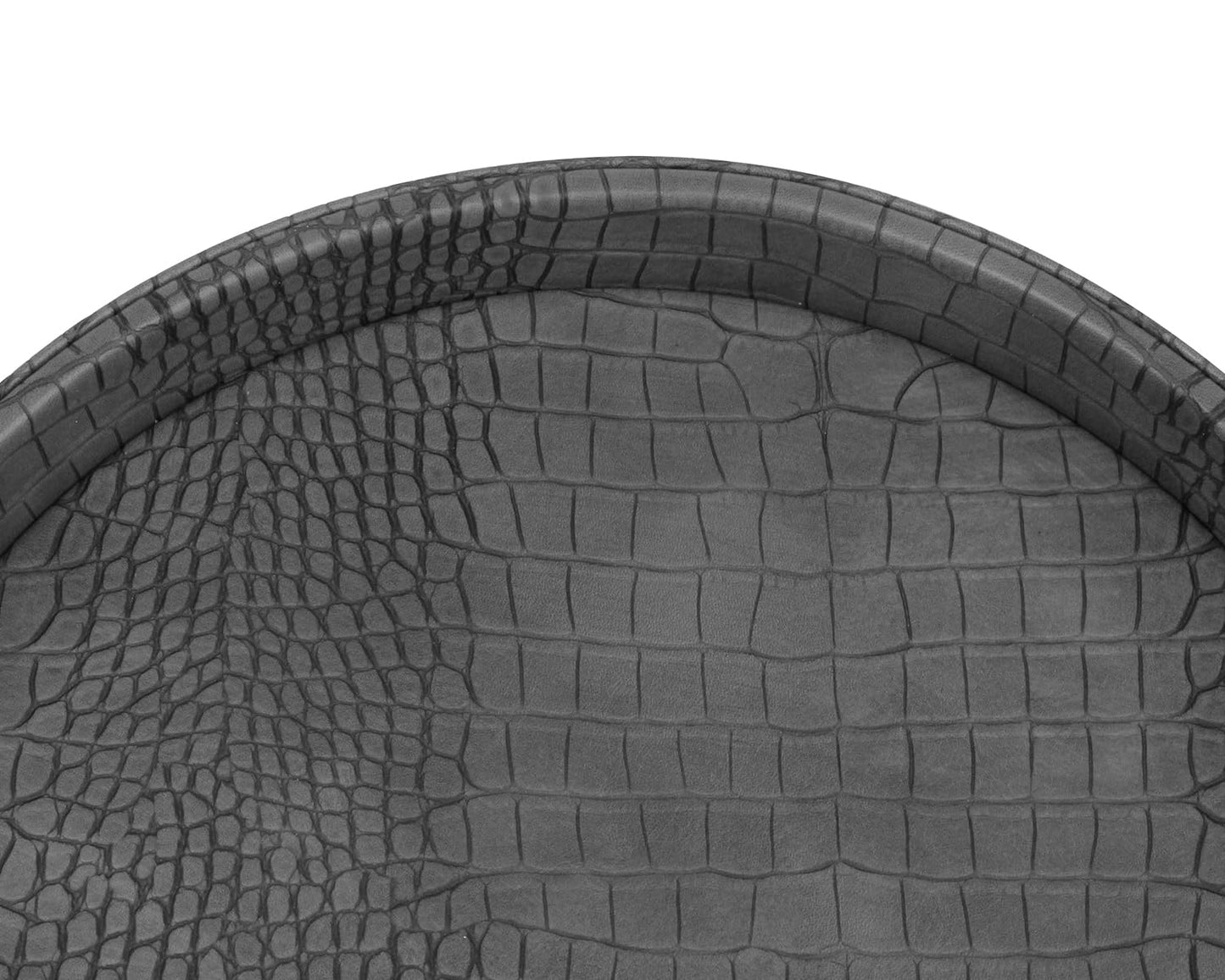 HofferRuffer Faux Leather Round Serving Tray, Vegan Croco Leather Decorative Tray, Food Tray for Storage Drinks, Snack & Cosmetics, Dia.12'' x 1.6'' (Dark Grey)