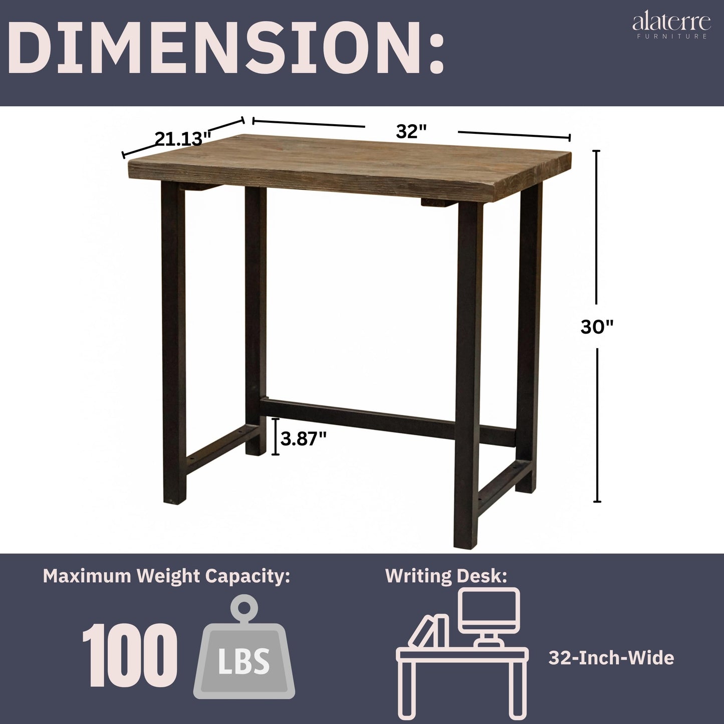 Pomona 32-Inch Compact Writing Desk with Solid Wood Top and Metal Frame – Rustic Industrial Style Small Home Office Desk with Durable Lacquer Finish and Floor Levelers by Alaterre Furniture (Natural)