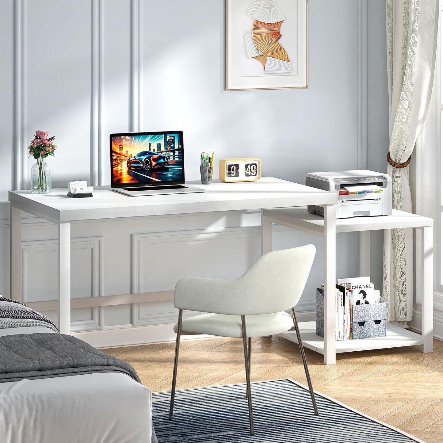 FOLUBAN Large White Computer Desk, Home Office Desk with Printer Space & PC Tower Stand, Modern Study Writing Table Workstation for Living Room Bedroom, 63 Inch