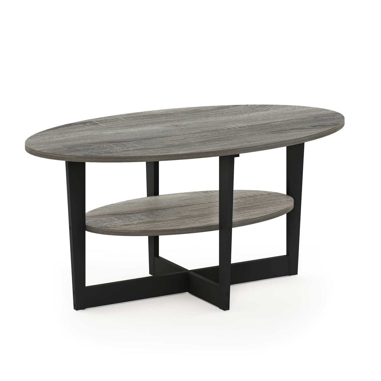 Furinno Jaya 2-Tier Round Coffee Table, Small Grey Coffee Table with Storage Shelf, Oval Center Table for Living Room, Bedroom, Home Office, Grey Oak