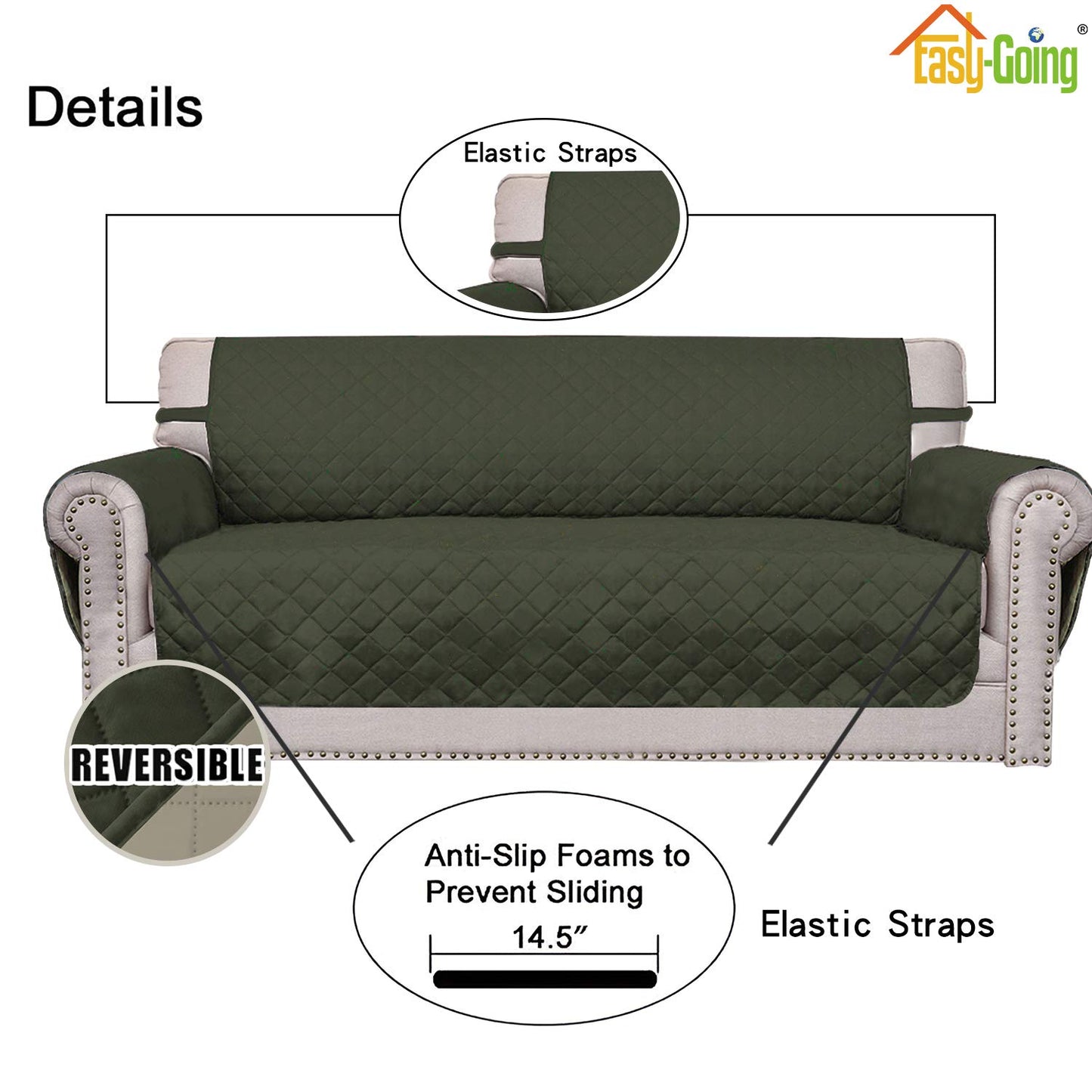 Easy-Going Reversible Couch Cover for 3 Cushion Couch Sofa Cover for Dogs Water Resistant Furniture Protector Cover with Foam Sticks Elastic Straps for Pet Cat (Sofa, Army Green/Beige)