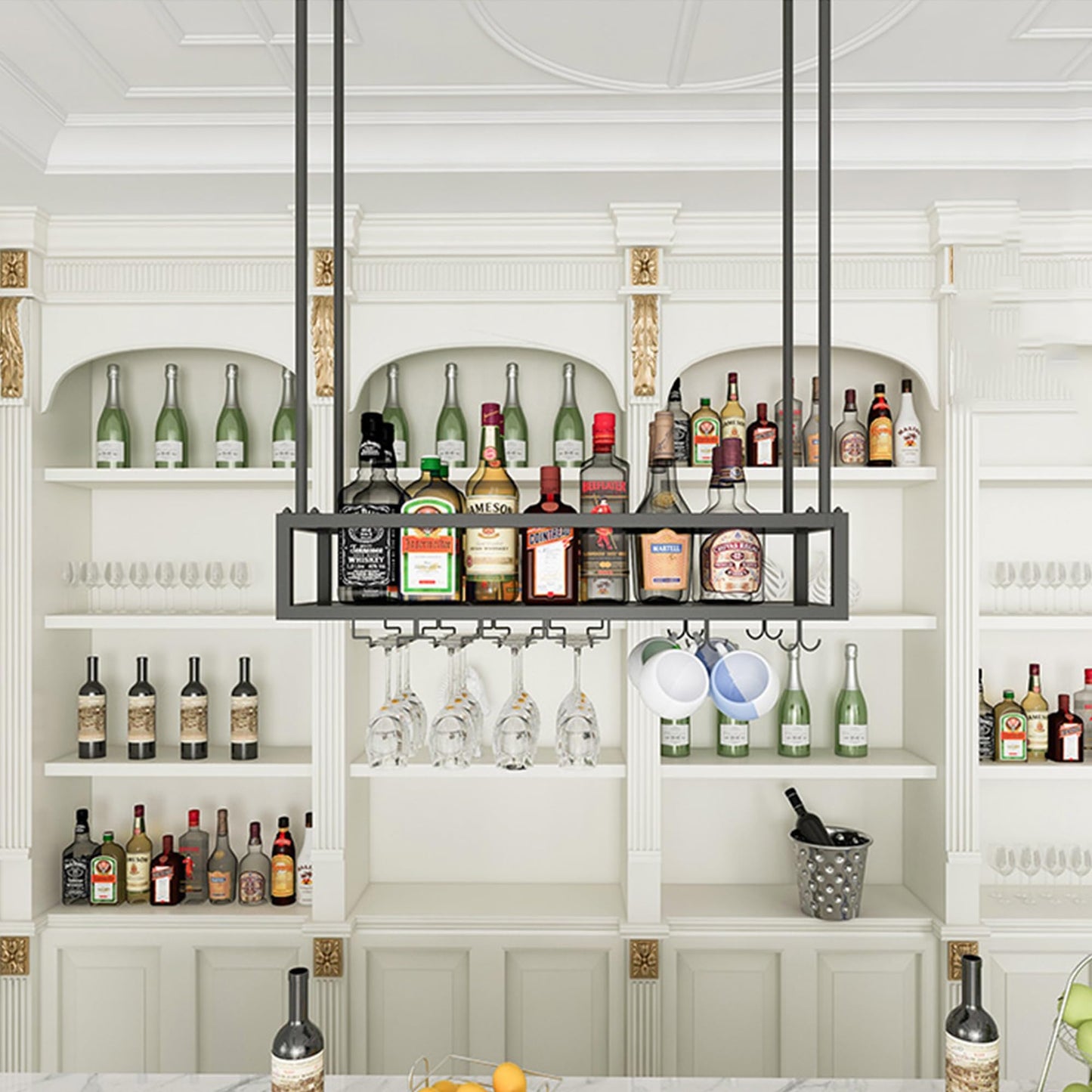 Bottle Rack Hanging Wine Rack Wall Mounted with Wine Glass Rack Floating Bar Shelves Liquor Bottle Display Shelf Mini Bar Wine Racks for Wine Bottles for Home Bar Dining Room Kitchen Cafe