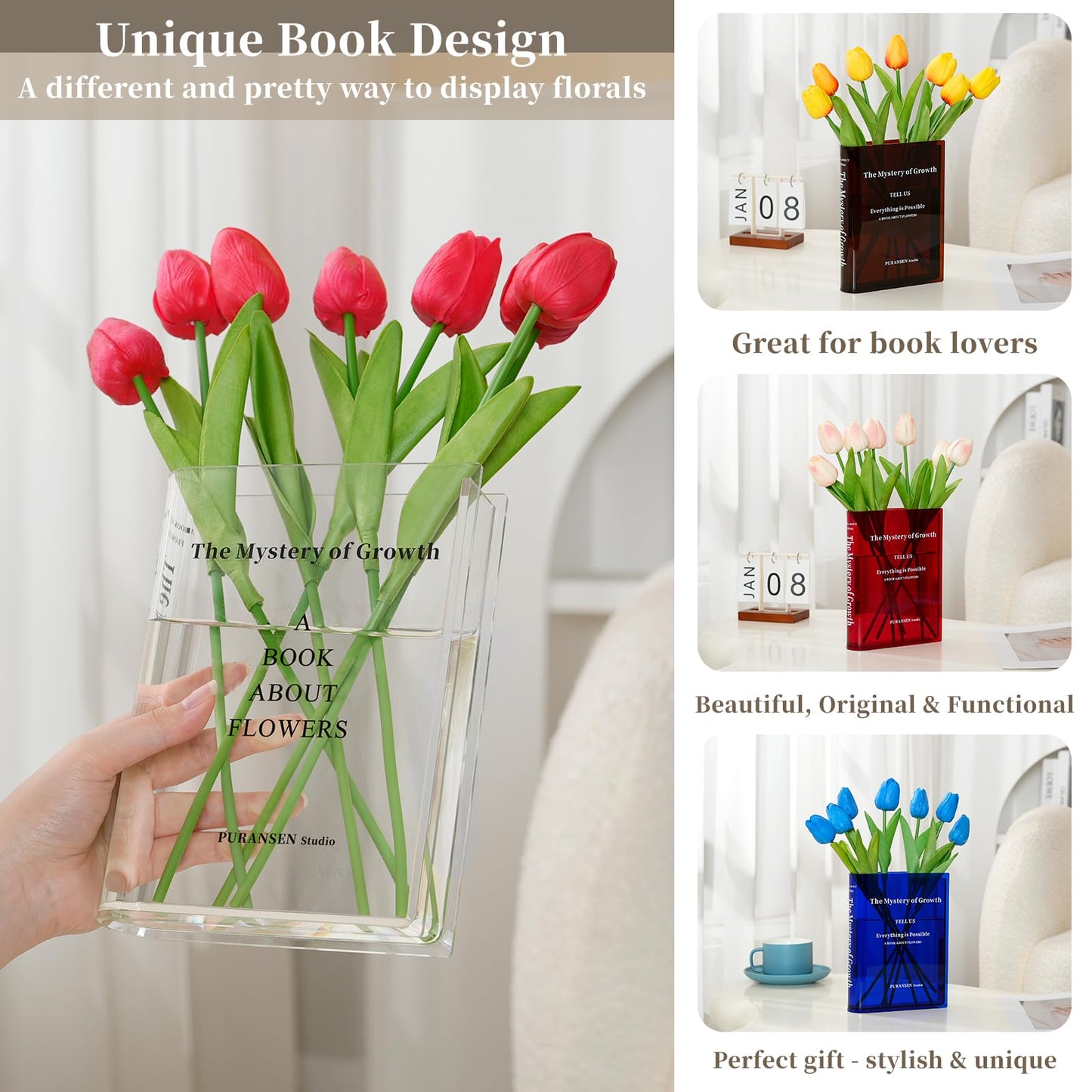 Puransen Clear Book Flower Vase - Floral Bookshelf Decor, Acrylic Flower Holder & Space-Saving Organizer, Modern Home Office/Study Desk Minimalist Aesthetic (Not Including Flowers)