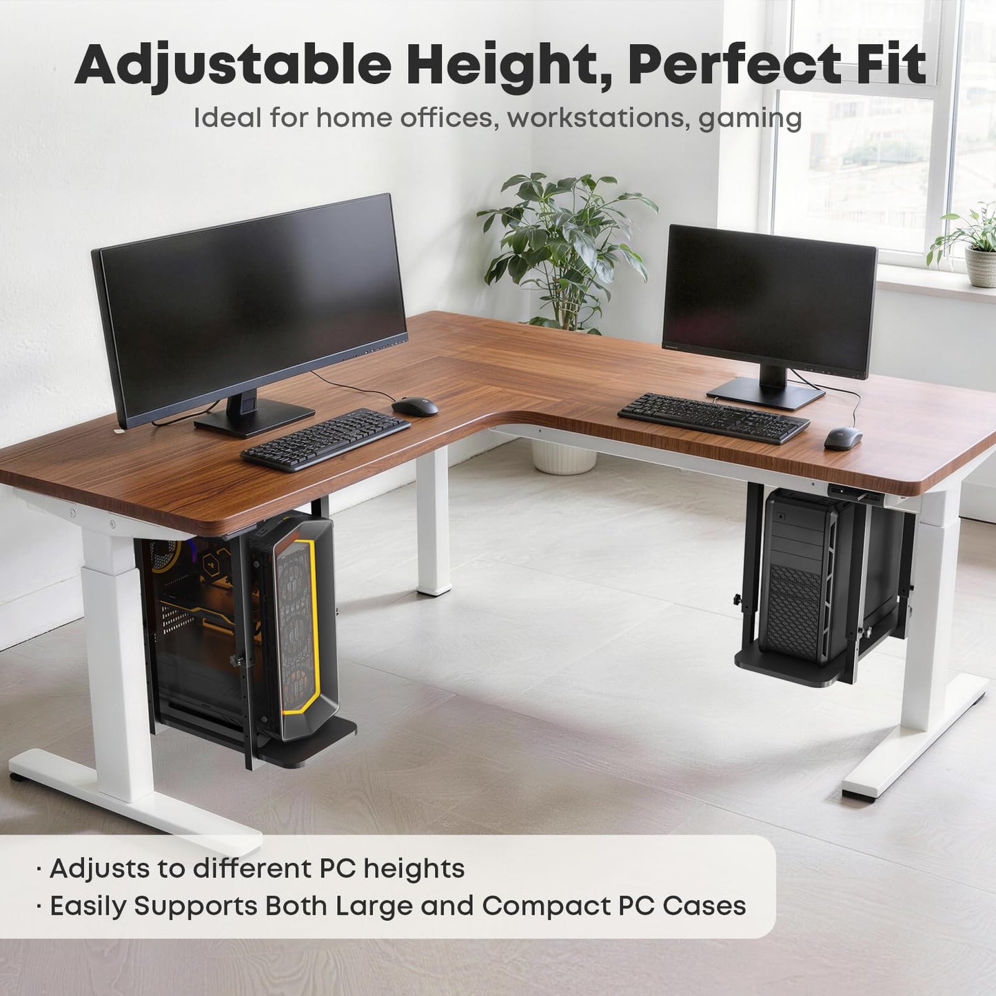 Heavy Duty Under Desk PC Mount with Adjustable Height, Under-Desk Computer CPU Holder for PC Case, Space Saving Desk Mounted Computer Stand, Max Load 66 lbs, Black