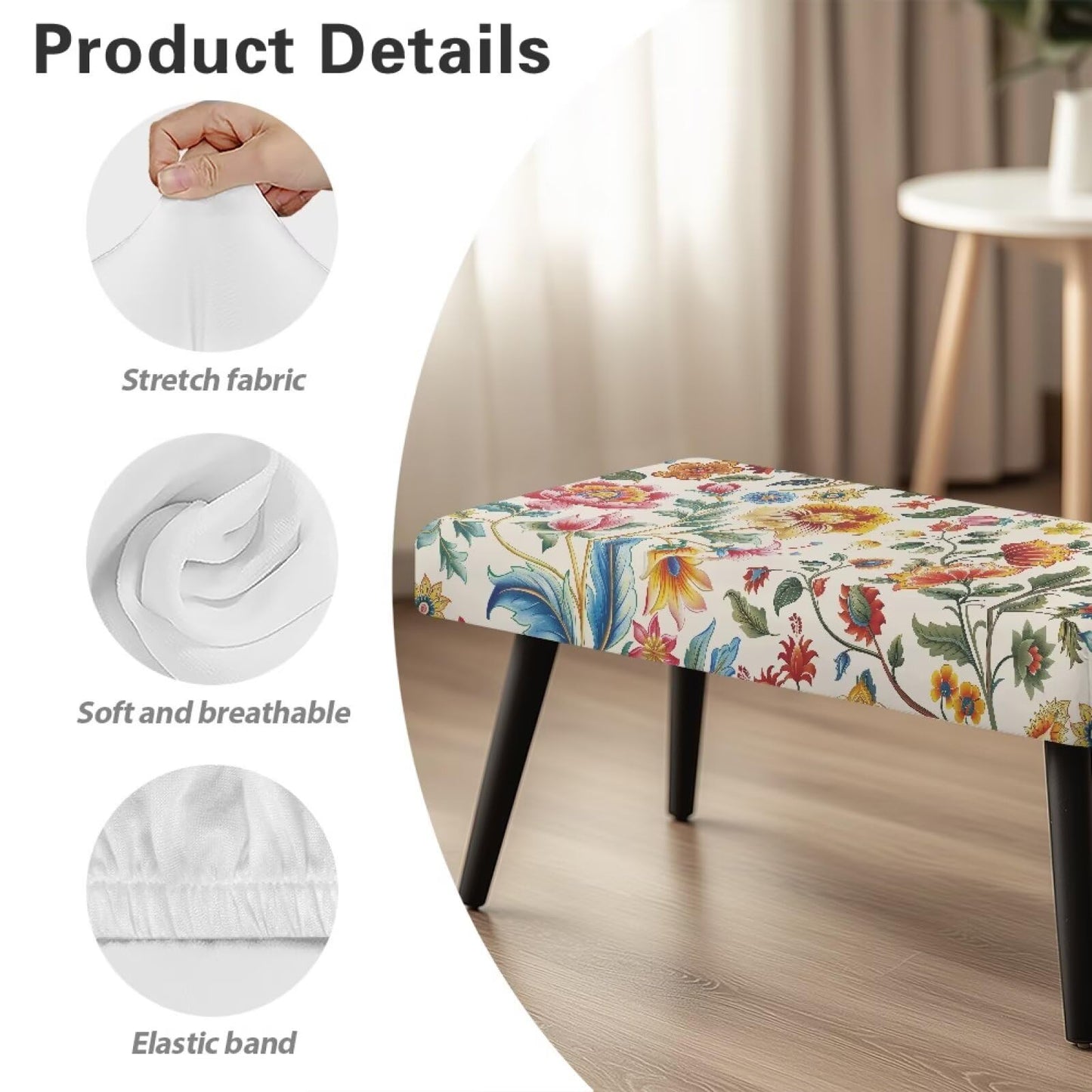 Cugasmaru Bench Covers Slipcover Rectangle End of Bed Bench Dustproof Removable Stretch Dining Chair Cover for Restaurant Living Room Home Flower Colorful