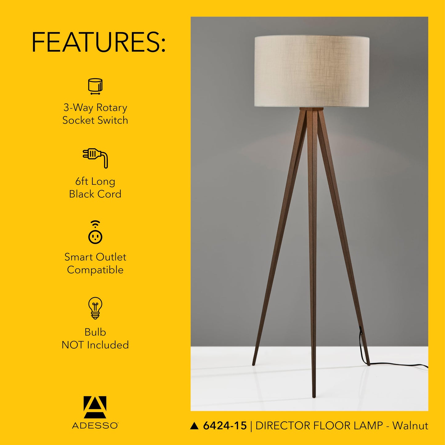 Adesso Floor Lamp with Walnut Rosewood Veneer and Beige Fabric Lampshade – 3-Way Adjustable Brightness, Lamp for Bedroom, Living Room, and House Décor, 60.25” x 21”
