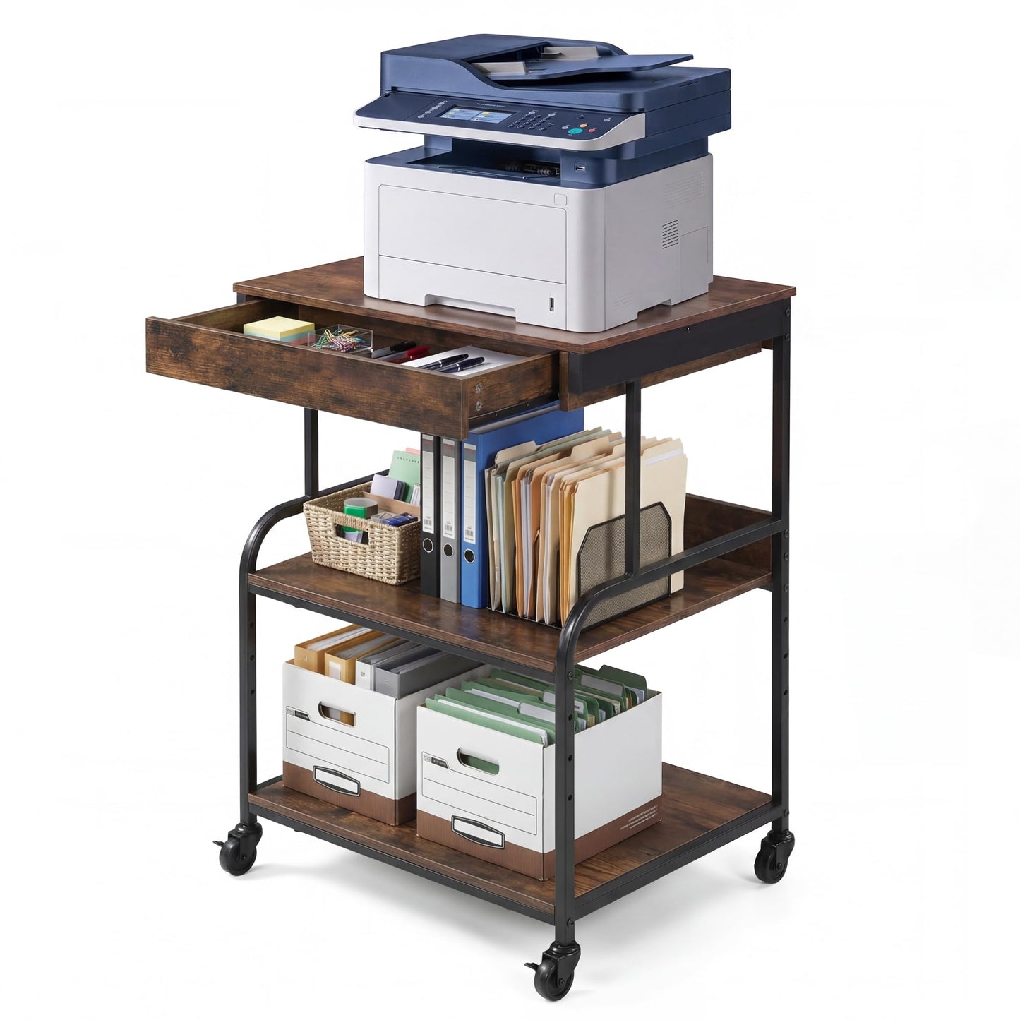 DongRong 3 Tier Printer Stand with Drawer – Rolling Printer Cart on Wheels for Home Office, Adjustable Shelf & Heavy Duty Steel Frame, Large Printer Table for Scanner Fax Copier,23.6''x18.9''