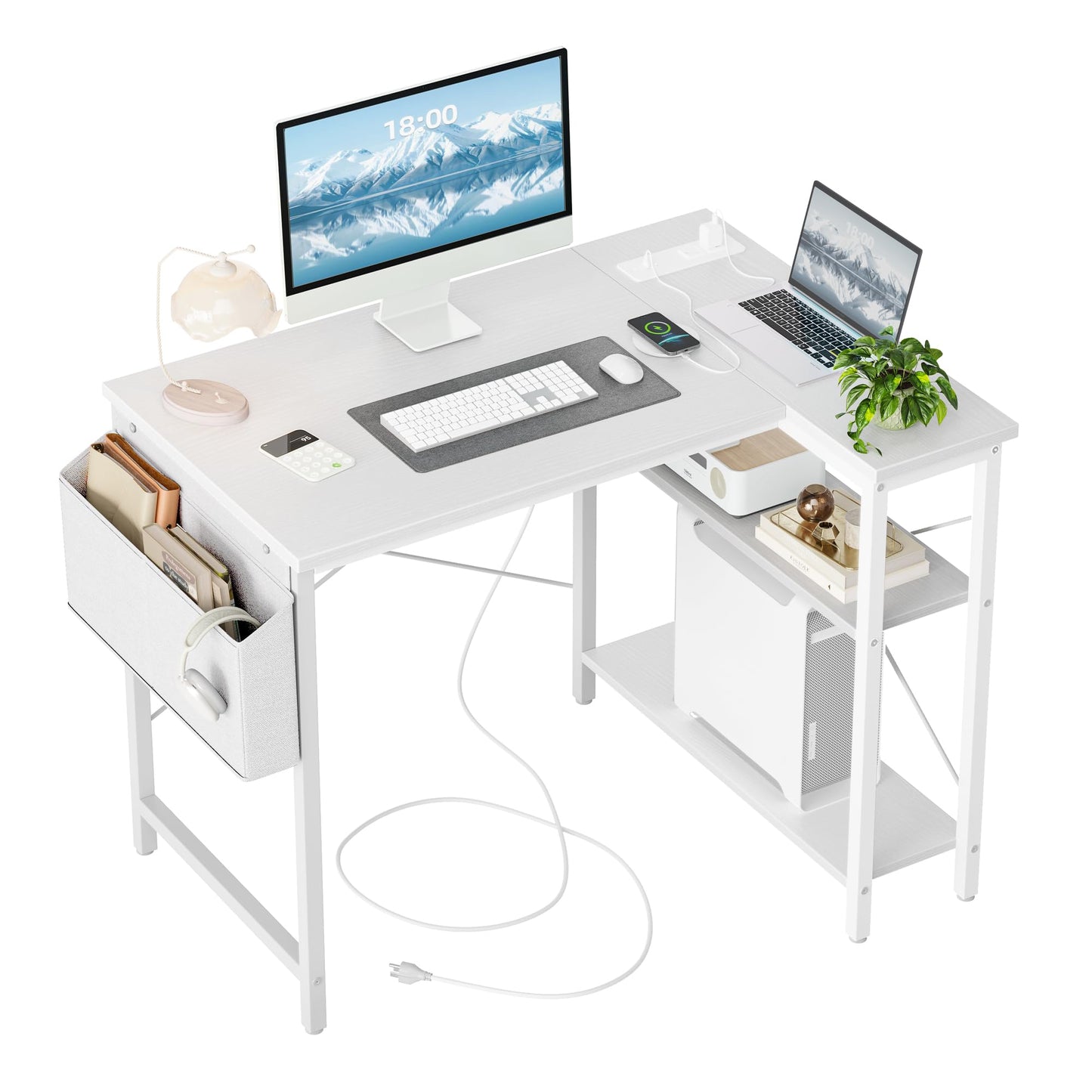 TIQLAB Small Computer Desk with Power Outlets, 40 Inch L Shaped Desk with Reversible Shelves, Gaming Desk Corner Desk Study Writing Desk for Home Office Bedroom Small Space, White