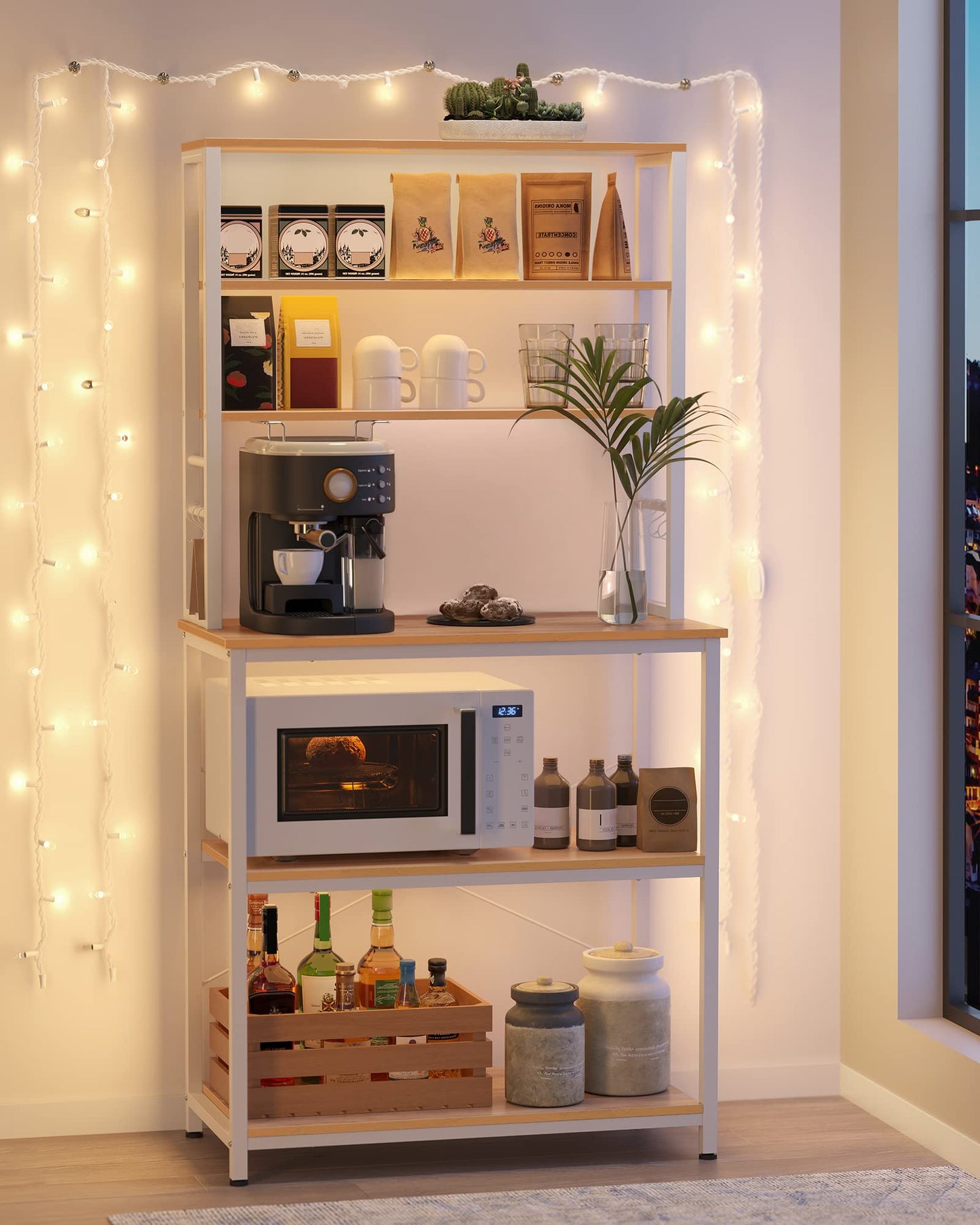 VASAGLE Coffee Bar, 31.5 Inches Baker's Rack for Kitchen with Storage, 6-Tier Kitchen Shelves with 6 Hooks, Microwave Stand, Modern, Golden Oak and Cloud White UKKS019W09