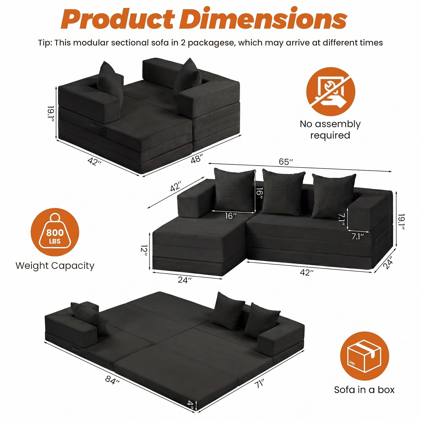 6-in-1 Boneless Couches Modular Sectional Sofa | Cloud Couch Sectional & Tri-Folding Mattress | Corduroy Pet-Friendly Convertible Sofa Bed with 800LB Capacity Living Room, Apartment, Guest Room