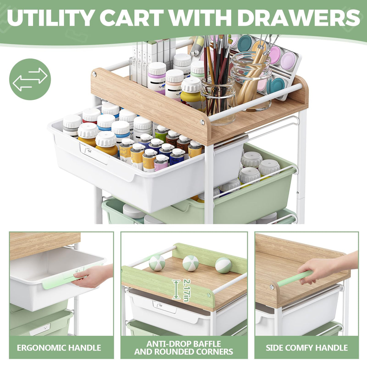 APEXCHASER Utility Cart with 5 Drawers,Rolling Storage Cart for Crafters Artists Kids Teacher Student Storage Arts Crafts & Sewing Study Supplies in Craft Room Dorm Classroom Kids Room-Green