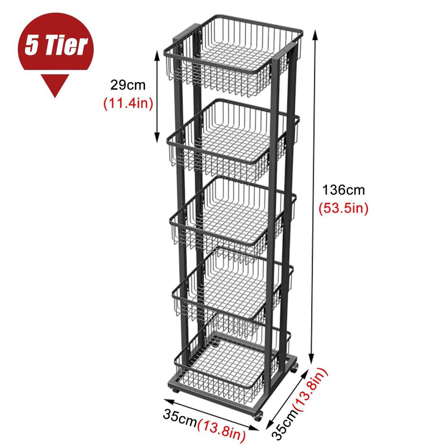 3/4/5 Layer Snack Organizer for Pantry Shelf, Freestanding Mobile Chip Candy Snack Fruit Vegetable Display Rack with Tiltable Basket, Kitchen/Pantry/Office Wire Storage Cart (