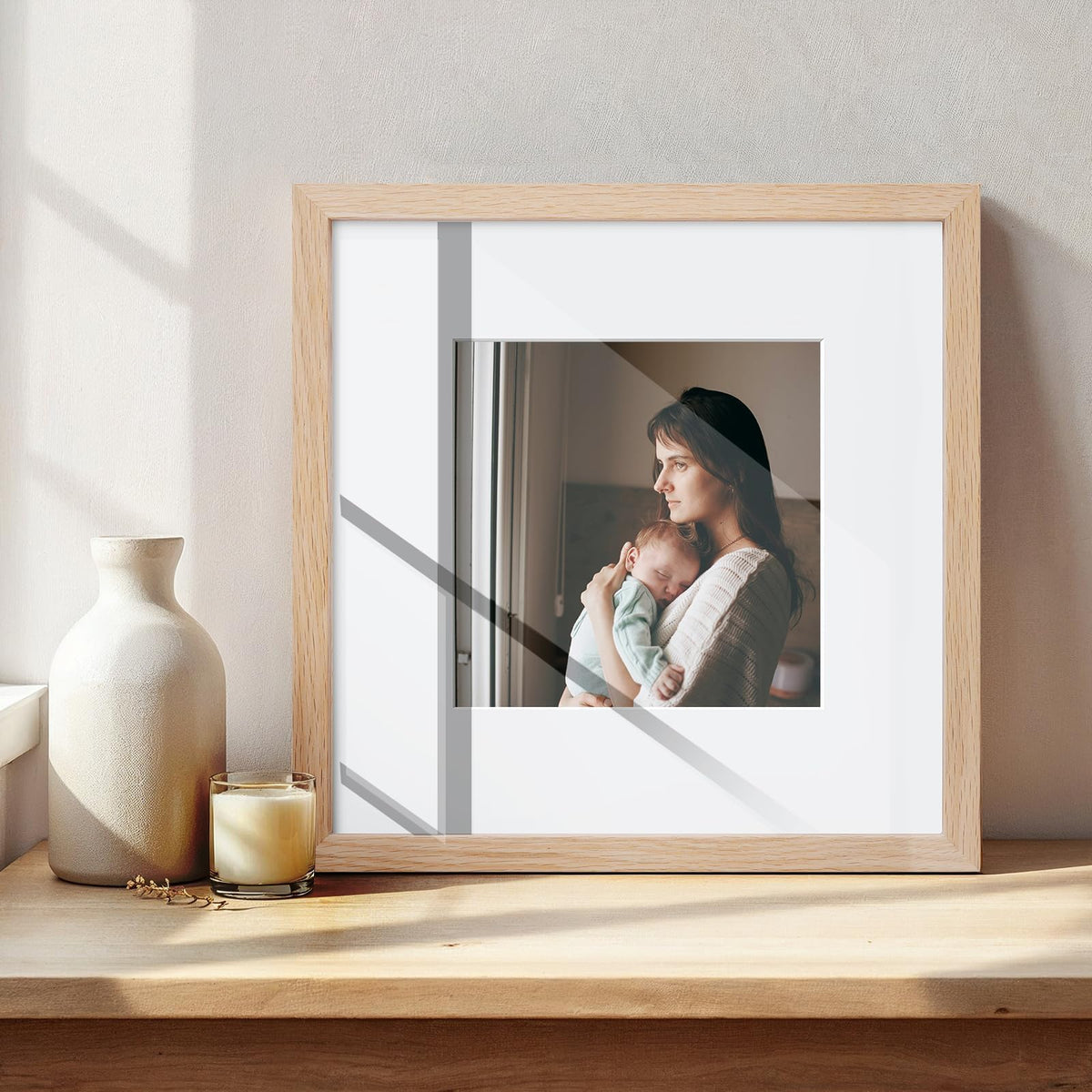 puthiac 10x10 Solid Oak Wood Picture Frame, Fits 6x6 with Mat or 10x10 Without Mat, Wall Display Only, Plexi Front, 1 Pack, Natural Oak
