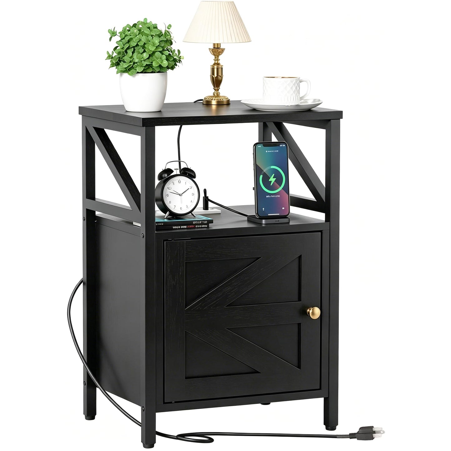 FUNHUKSON Farmhouse 3-Tier Side Table with USB Charging & Outlets Black