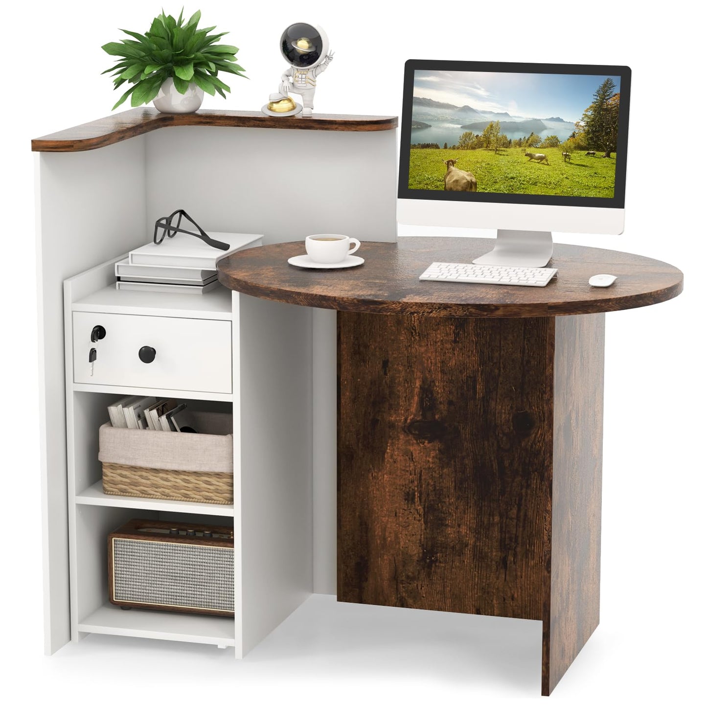 Tangkula Reception Desk, Front Counter Desk with Lockable Drawer & Adjustable Shelf, Oval Desktop, Retail Counter for Checkout, Computer Workstation for Salon Lobby Office, Home Office Desk