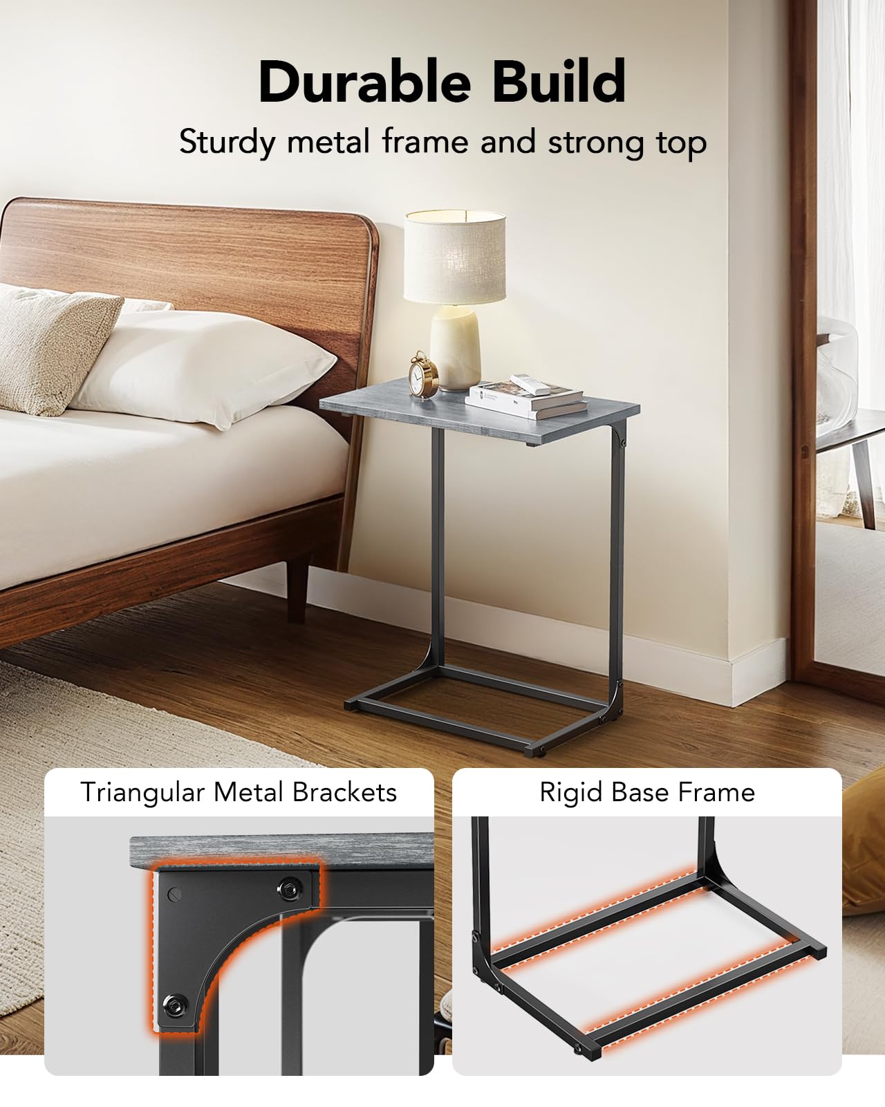 Pipishell C-Shaped Side Table, C Table for Sofa with Two-Piece Desktop & Metal Frame, Large Surface End Table for Living Room, Bedroom, Bedside, Rustic Design, Grey