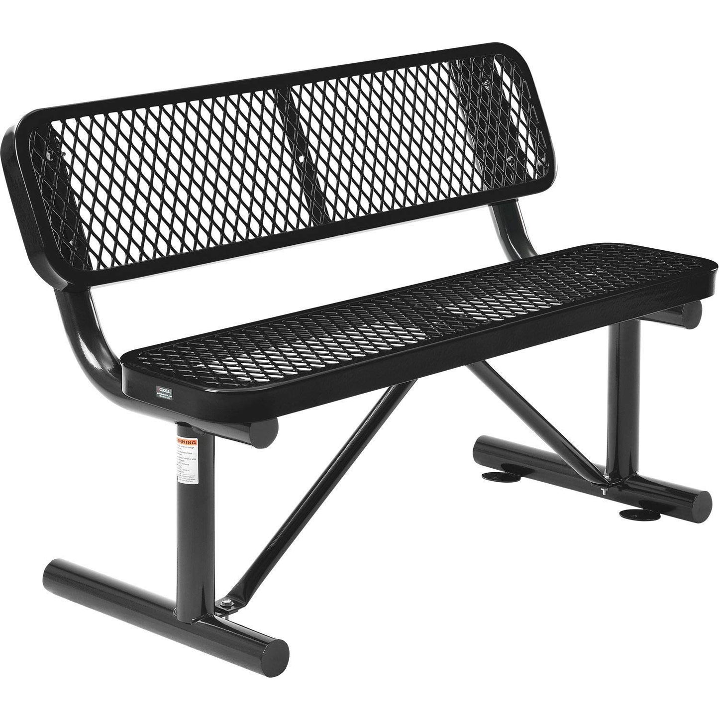 Global Industrial 4'L Heavy Duty Expanded Metal Mesh Bench with Backrest with Steel Frame, Portable Outdoor Bench, 1000 lbs Capacity, Black, 48" L x 24" W x 33" H