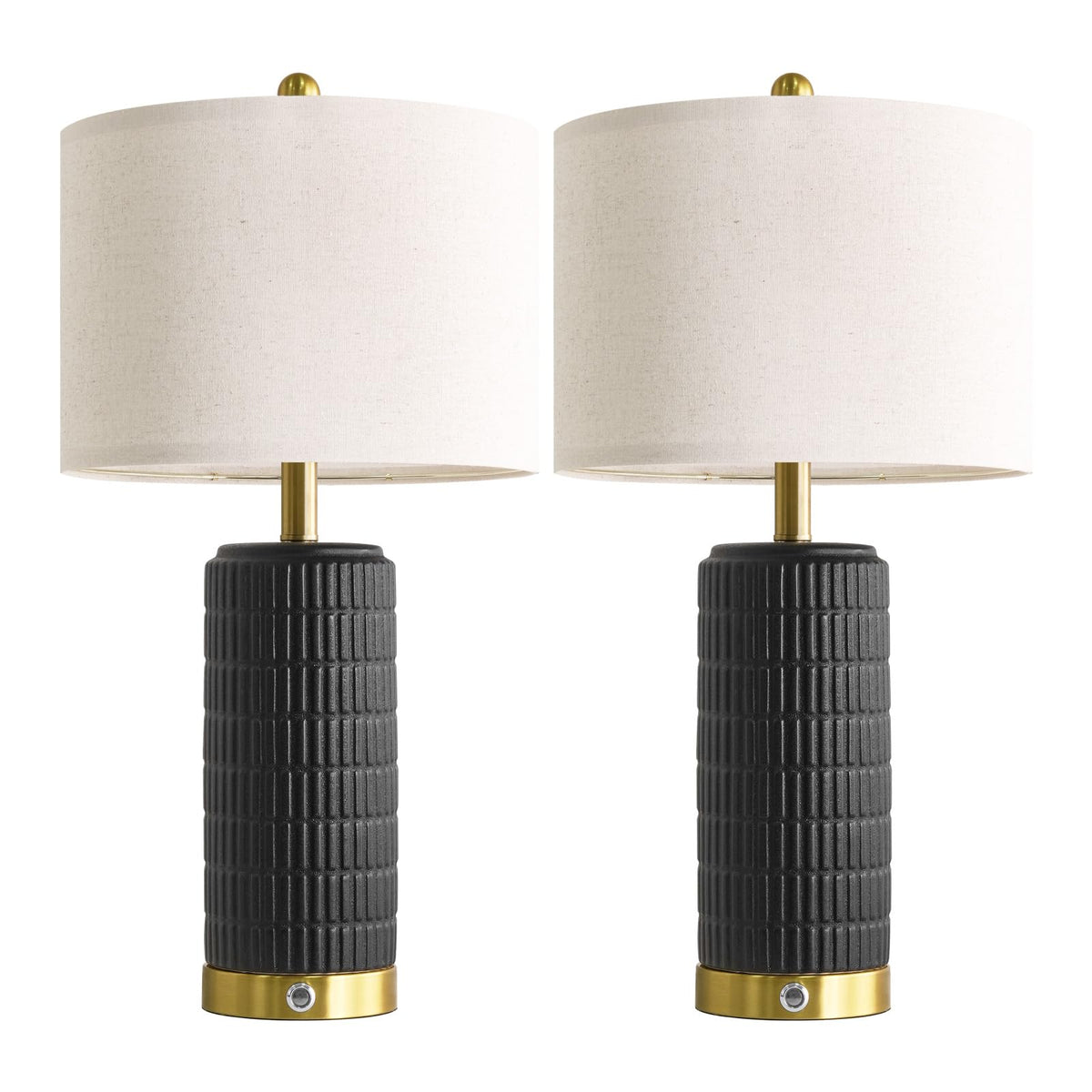 PoKat Ceramic Table Lamps Set of 2 for Living Room, 25'' Modern Touch Bedside Lamps for Bedroom with 2 USB Ports, Farmhouse Black Matte-Textured Nightstand Lamps Office Home Decor (Bulbs Included)