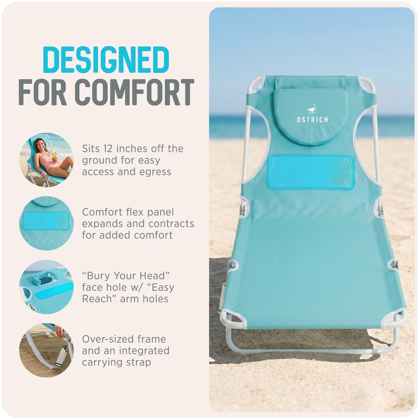 Ostrich the Ladies Comfort Lounger with Chest Support, Foldable and Portable Reclining Outdoor Patio Beach Lawn Camping Pool Tanning Chair, Aqua