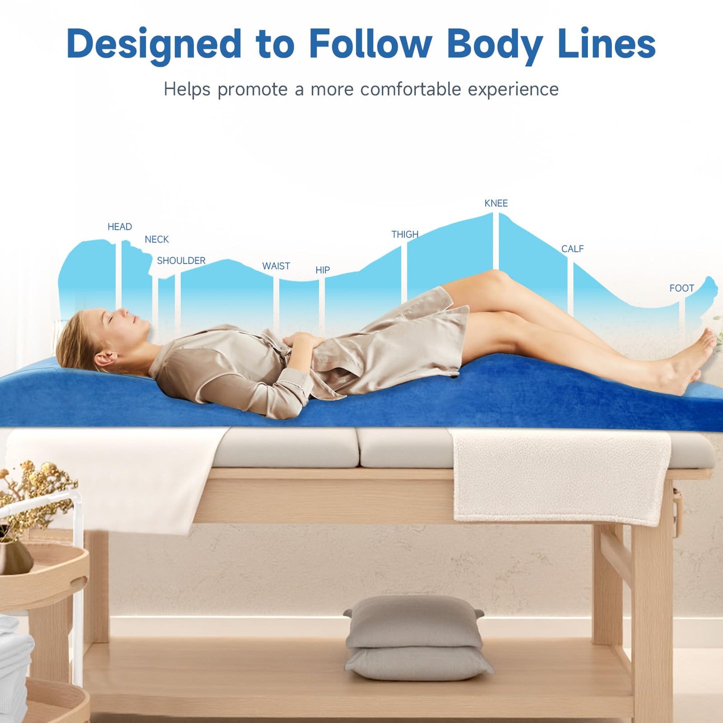JEINPING Curved Lash Bed Topper High Density Foam Curved Massage Mattress Non-Slip Lash Bed Cushion Velvet Ergonomic Lash Table Pad with Removable Cover for Beauty Salon 23.6in/70in, Blue