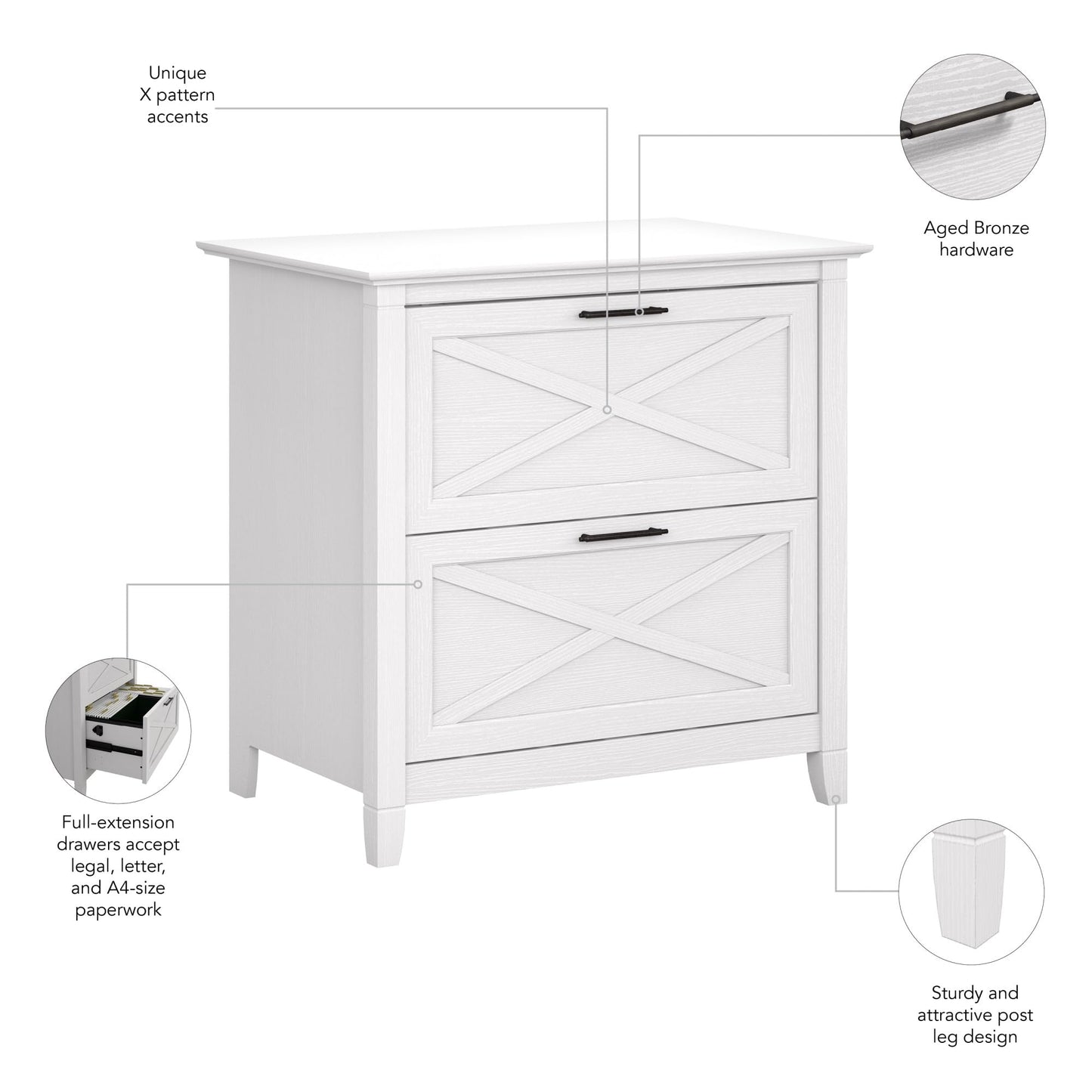 Bush Home Key West 2 Drawer Lateral File Cabinet in Pure White Oak, Document Storage for Home Office, Accent Chest with Drawers