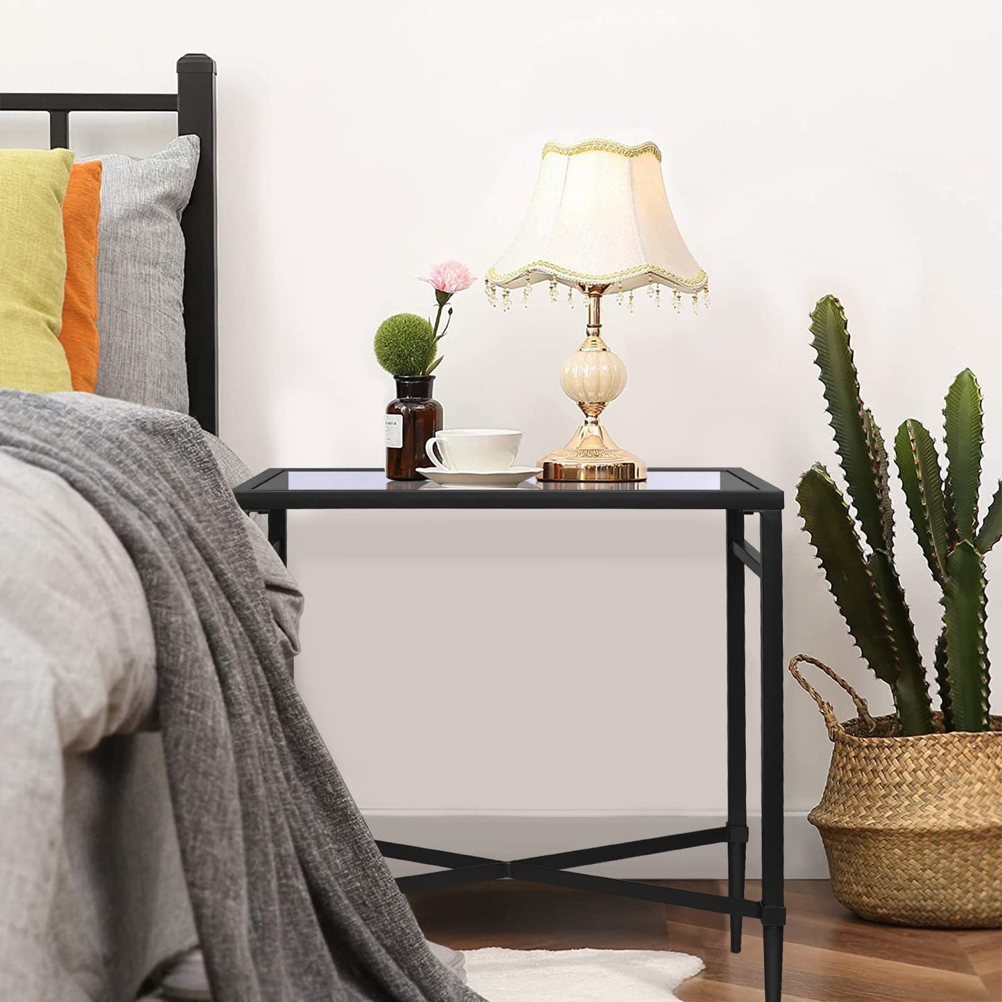 GIFTTROVE Black End Table, Rectangle Side Table with Mirrored Top, Modern Metal End Tables, Small Narrow Side Tables for Living Room, Balcony, 22" L x 12.4" W x 24" D
