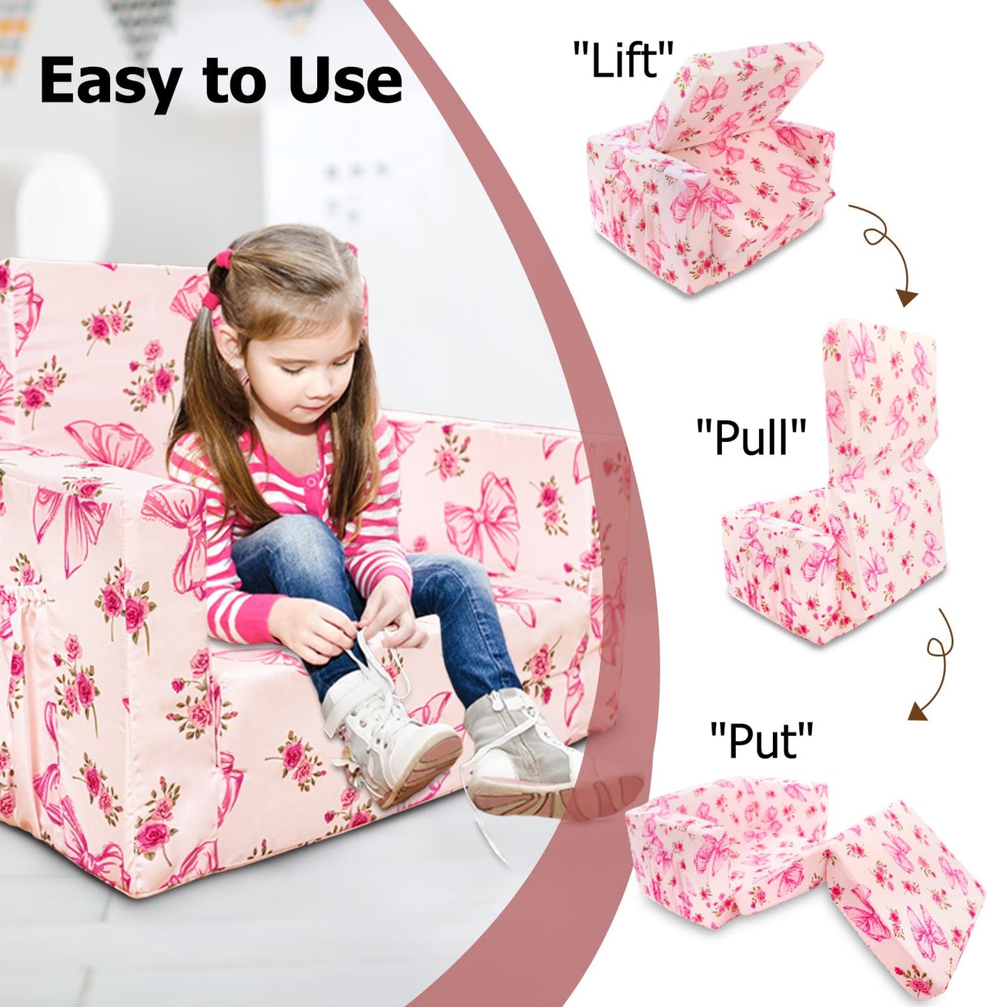 Beavtaens Kids Couch, 2-in-1 Kids Fold Out Couch, Convertible Sofa to Lounger for Girls and Boys, Soft Toddler Chairs Comfy 1-3 Years Old(Pink Bow)