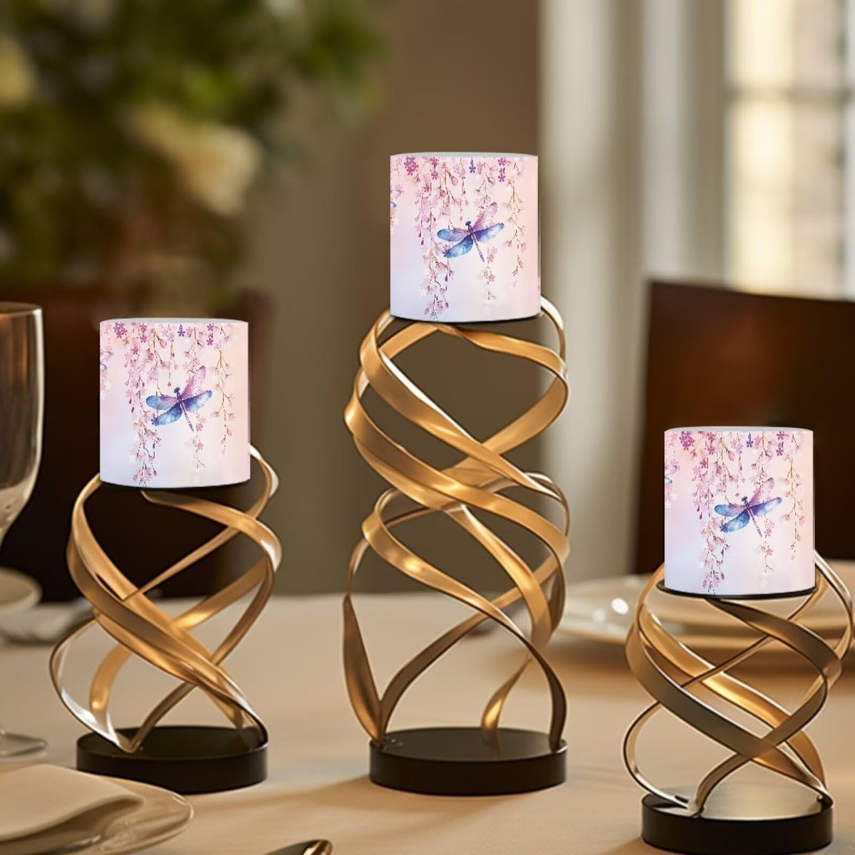 Cozeyat Cherry Blossom Dragonfly LED Candles Set of 4 Battery Powered Flameless with Remote Timer Flickering Flame Waterproof for Beach Home Table Use